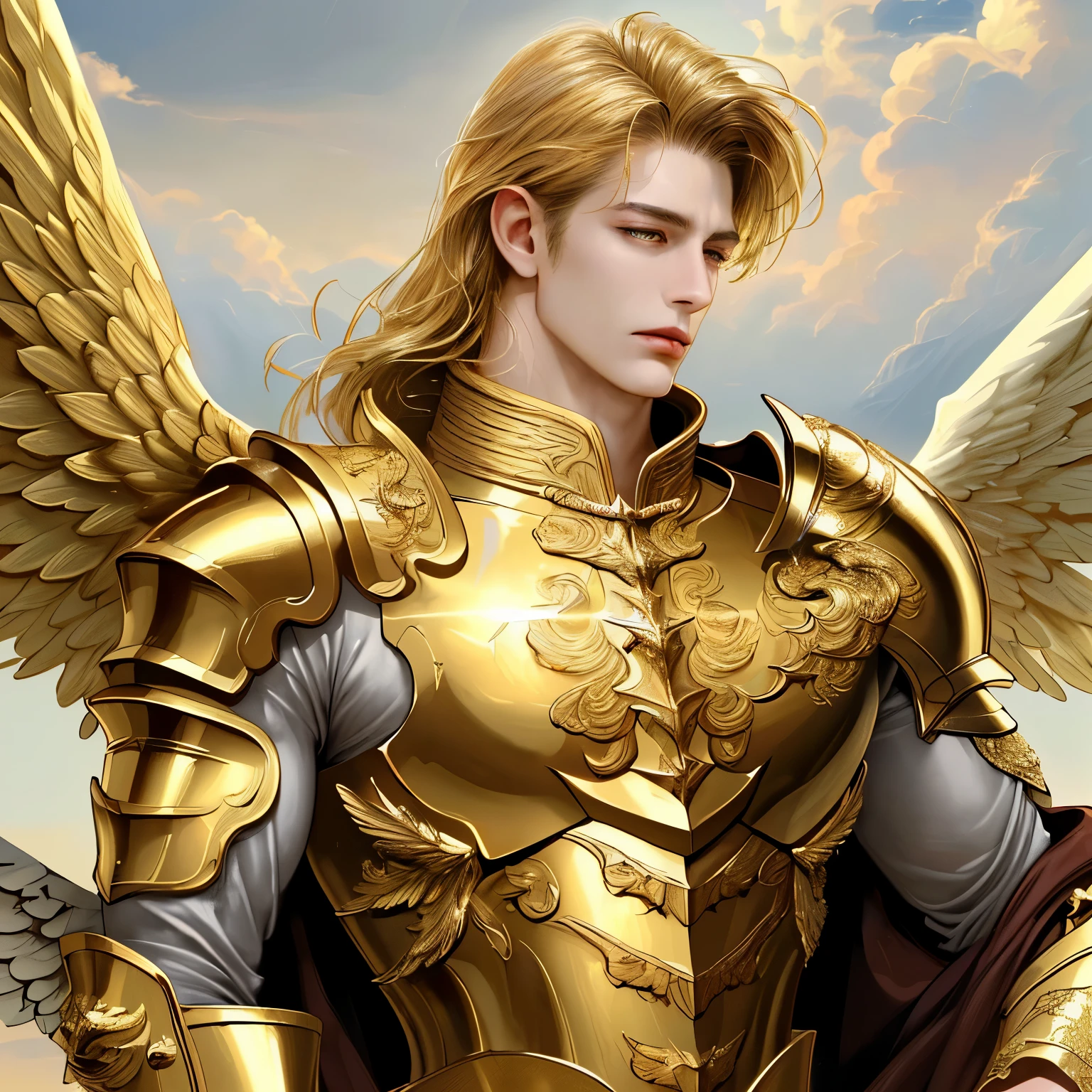(Highly detailed 8K wallpaper), Realistic painting of angels (masculine) With a detailed and perfect face, Wearing golden armor on the chest, With detailed wings in the sky clouds with golden light, Complex, high detail, dramatic