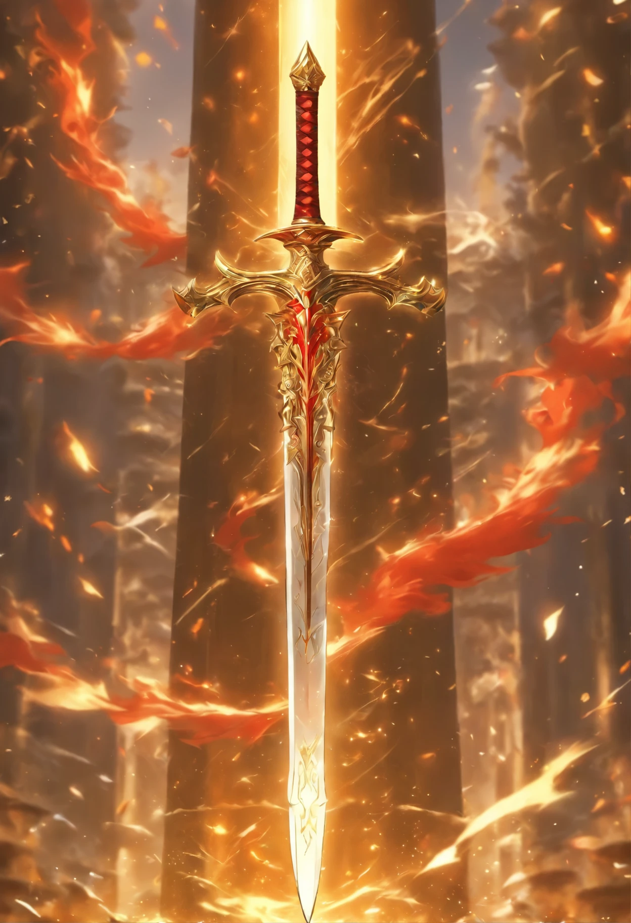 A huge sword with brilliant golden light，The blade of the sword is densely covered with the feather texture of the sun bird，The hilt is decorated with dazzling rubies，Symbolizes supreme power and glory。The surrounding air seemed to be distorted by the heat of the sword，Create a wave visible to the naked eye。In the background is a majestic palace，splendid，direct sunlight，Complementing the light of the sword body。The angle of view is slightly upward，Thereby magnifying the majesty of the sword and the magnificence of the palace。