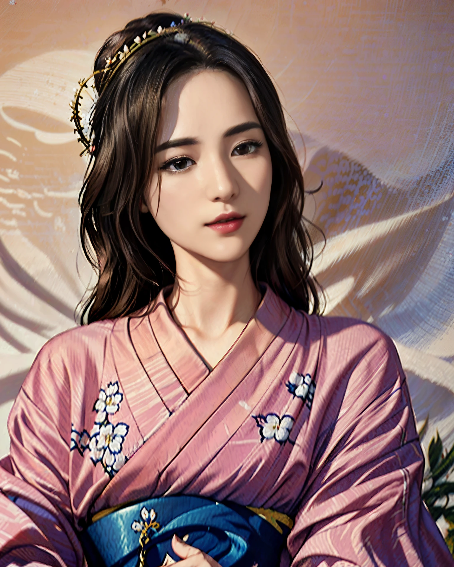 An arafe woman with a fan and flowers in her hair, exquisite digital illustration, Beautiful artwork illustration, amazing digital illustrations, beautiful digital artwork, Inspired by Yoon Doo Seo, digital illustration style, empress of china, geisha portrait, beautiful fantasy empress, beautiful digital illustrations, 美しいgeisha portrait, geisha portrait