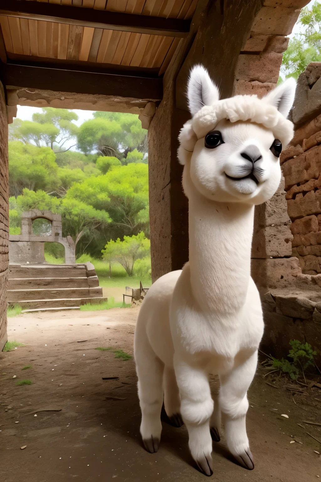 Photoreal、A takes a commemorative photo with an alpaca at an ancient ruin in South America、smile