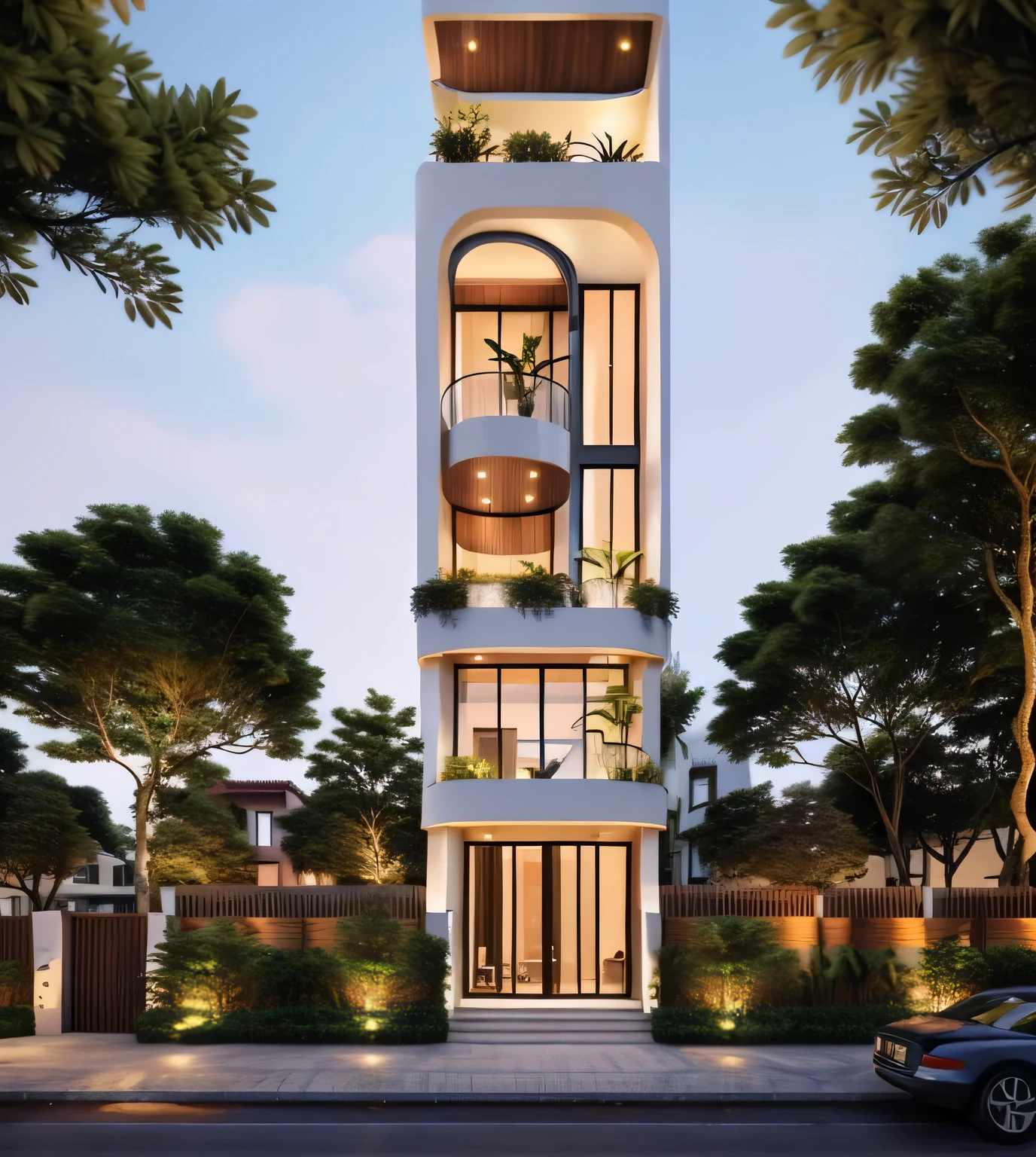 Exterior, morden town house, curve House, 1 road in front of the house, blue sky, dynamic light, best quality, wonder ful, masterpiece
