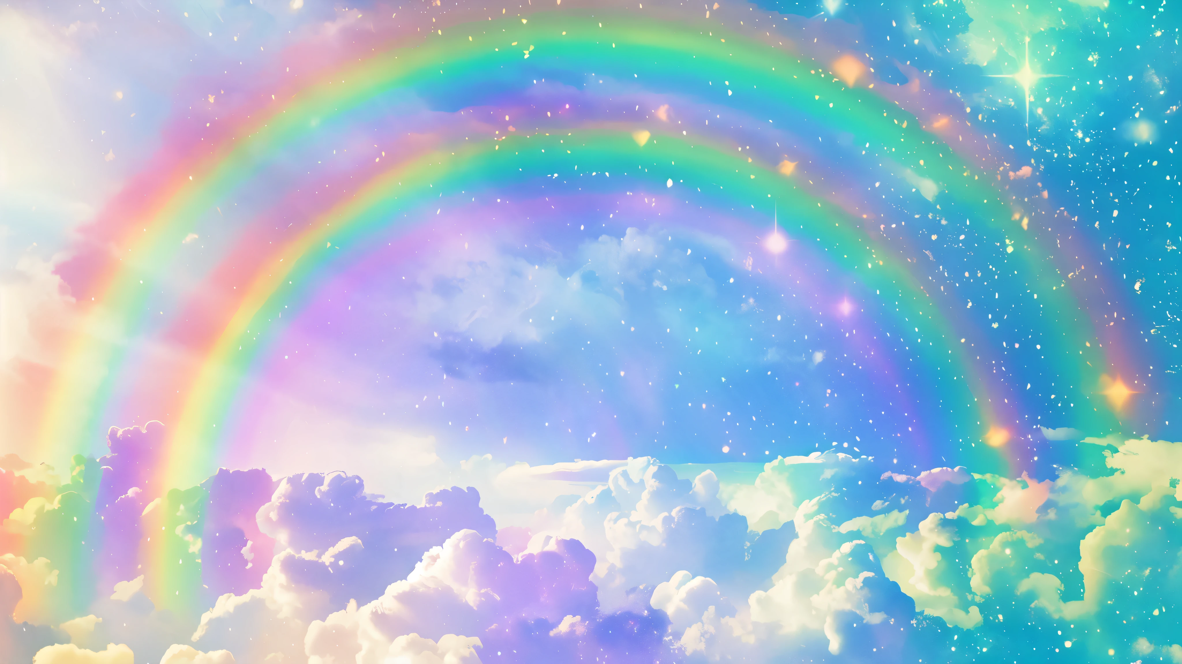 there is a the rainbow in the sky with clouds and stars, ethereal the rainbows, bright the rainbow nimbus, ethereal the rainbow nimbus, the rainbow bg, sunny the rainbow galaxy stormy sea, the rainbow in the sky, soft the rainbow, very colorful heavenly, the rainbow clouds, the rainbow colored clouds, pastel the rainbow, Glowing sky sky background, the rainbow background, Celestial colors, Rainbow Sky, the rainbow, the rainbow colored