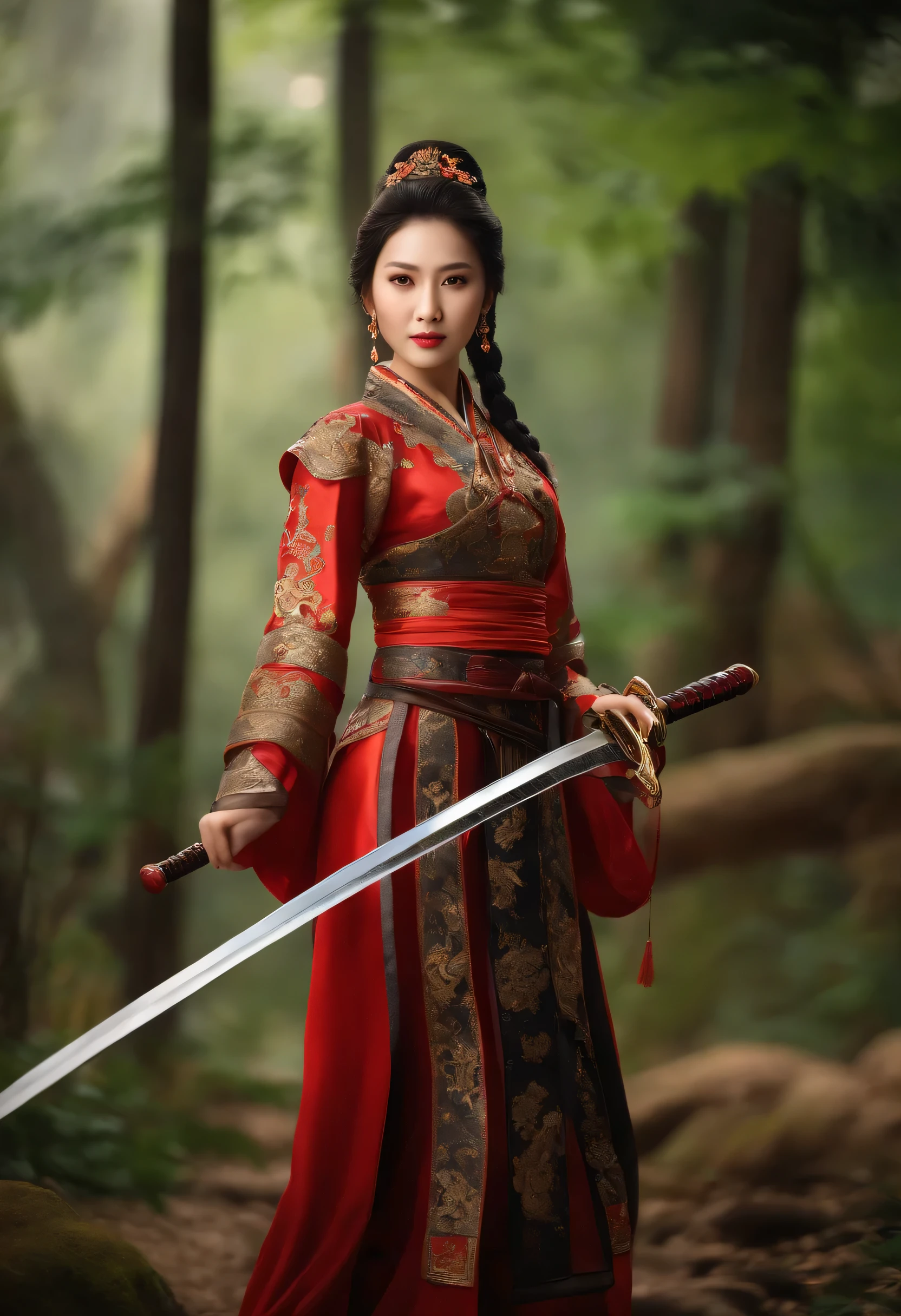 best quality, masterpiece, (lifelike:1.4), 1 girl,Wearing ancient Chinese clothing,swordsman,Sword dance,dynamic poses,sword in hand,scabbard,hilt,woods background,best quality,masterpiece,8K,Unreal 5 rendering