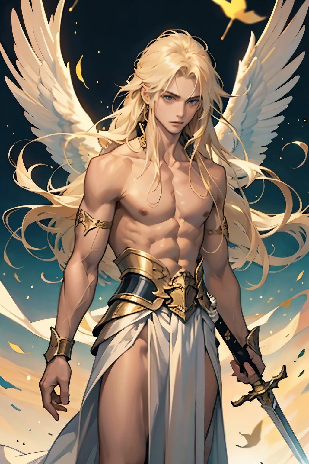 highest quality、male、golden long hair、Topless、Angel、大きなAngelの羽、Light、have a sword、armor