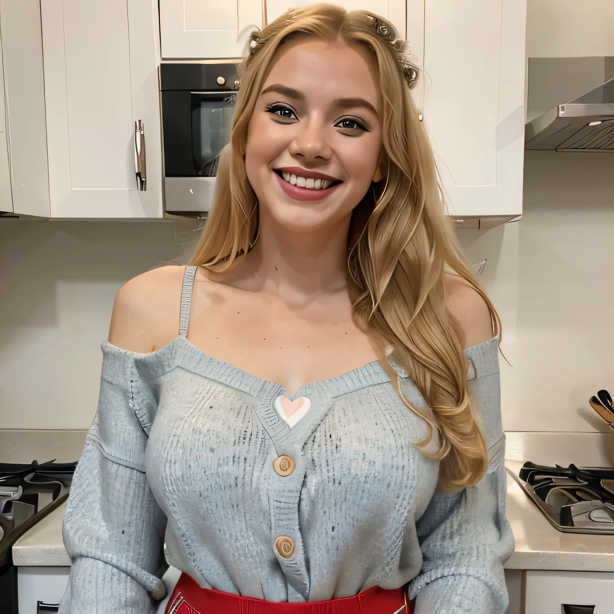 Blonde girl, 23 years old, American, caucasian, a lot of freckles, blue eyes, heart shaped face, laughing, happy, perfect teeth, bright red lipstick, eyeliner line, long blonde hair, hair a little curly, bright red lips, whole body portrait, wedding ring, apron, light blue sweater, Gray sweatpants, open arms, about to hug, wanting to kiss, kitchen , full body