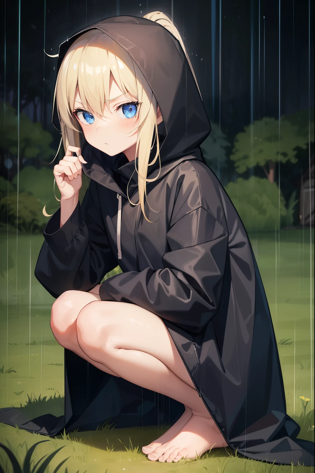 forest,grassy area,night,rain,1 girl,blonde,ponytail,put on a hood,long black raincoat,blue eyes,serious face,dark face,rainに濡れている女の子,barefoot,Squat down with one knee up,