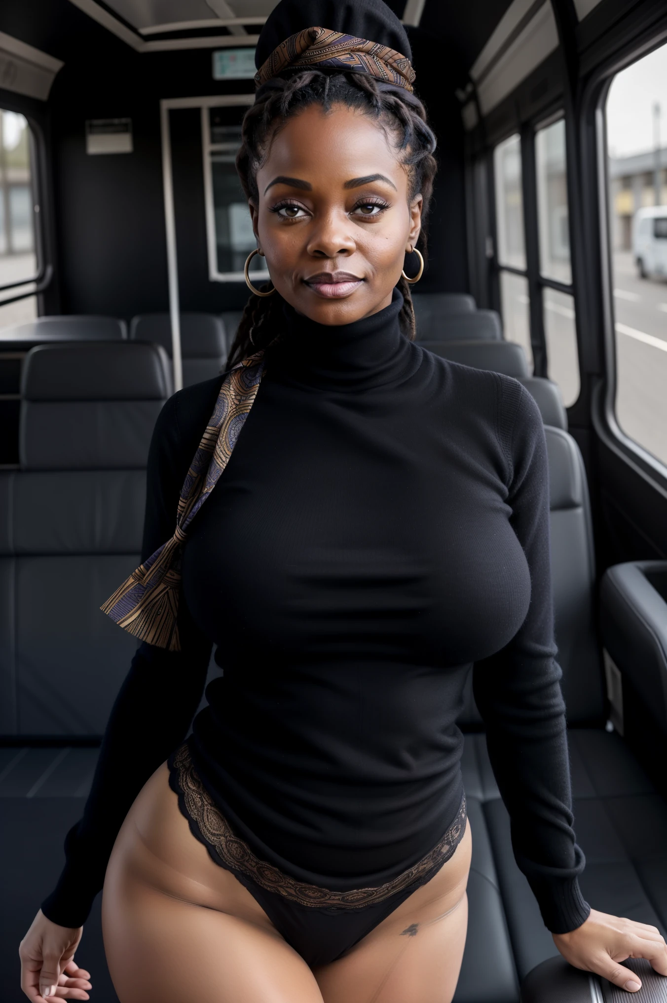 Photo du corps entier d'une belle femme d'africaine de 45 ans , grand corps, Femme Voluptueuse, dark bun, messy hair, , turtleneck sweater, foulard, jupe sexy, collants noirs collants noirs debout dans le bus, tentant , Dream, figure de sablier courbée, proportion d'oppai, lourdes proportions exagérées jupe courte jupe moulante
