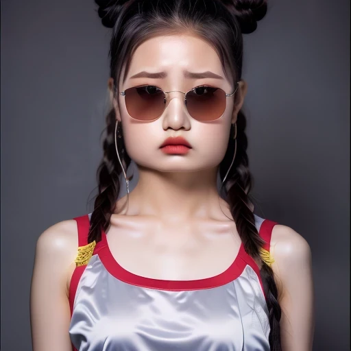 (best quality, masterpiece:1.2), ID photo of a 13-year-old Chinese girl, sportswear, camisole,Pure cotton,gray background, Surrealism, ultra high definition, textured skin, high detail,facing the camera, 8K crocodile skeleton(((platinum marble sunglasses)))
