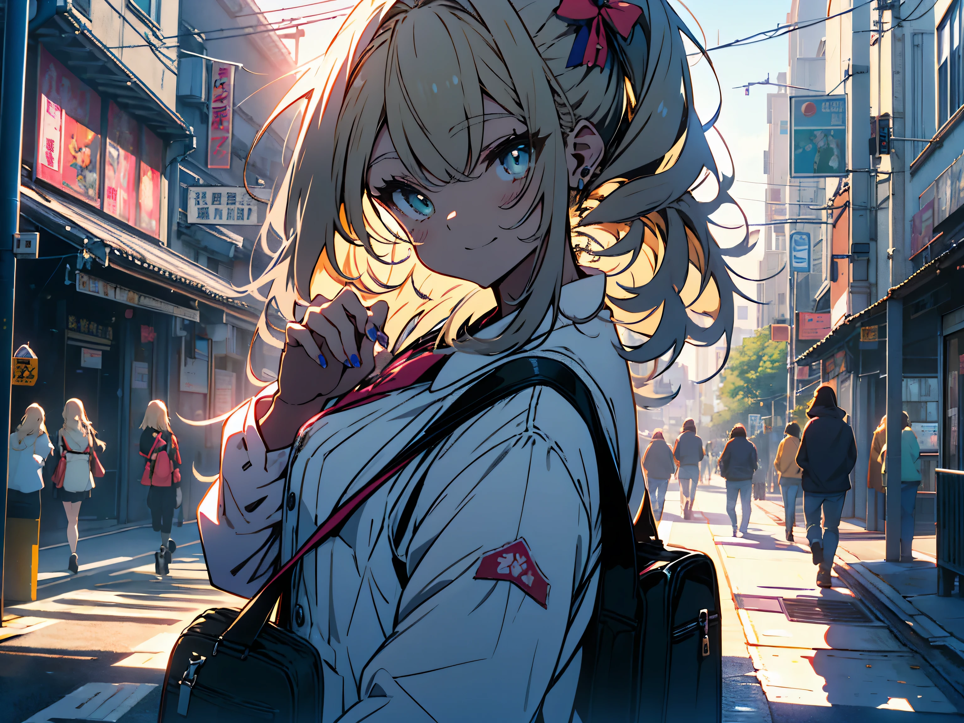 (highest quality、masterpiece、High resolution、become familiar with)、(shining eyes、become familiar with美しい顔)、(1 high school girl)、(uniform、mini skirt)、(Fair-skinned gal)、(blonde ponytail)、(Laugh merrily)、(cute pose)、(school tote bag、she wears lots of cute accessories)、(colorful nails)、(dynamic angle)、(POP background)、(beautiful anime)、In the city after school