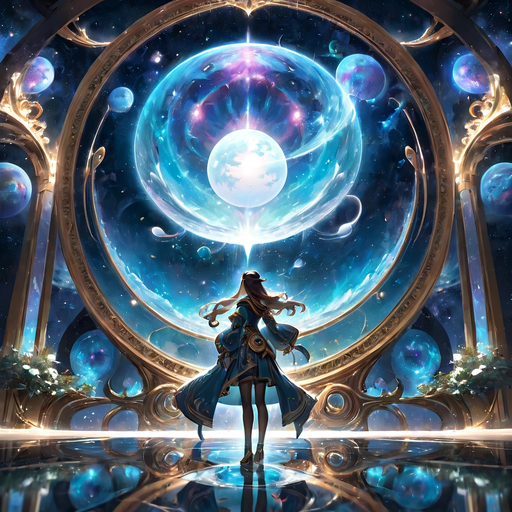Reflection, aesthetic, extremely detailed, Reflection of the universe, ornate galactic environment, intricate, elegant, highly detailed, centered, digital painting, artstation, concept art, smooth, sharp focus, league of legends concept art, WLOP