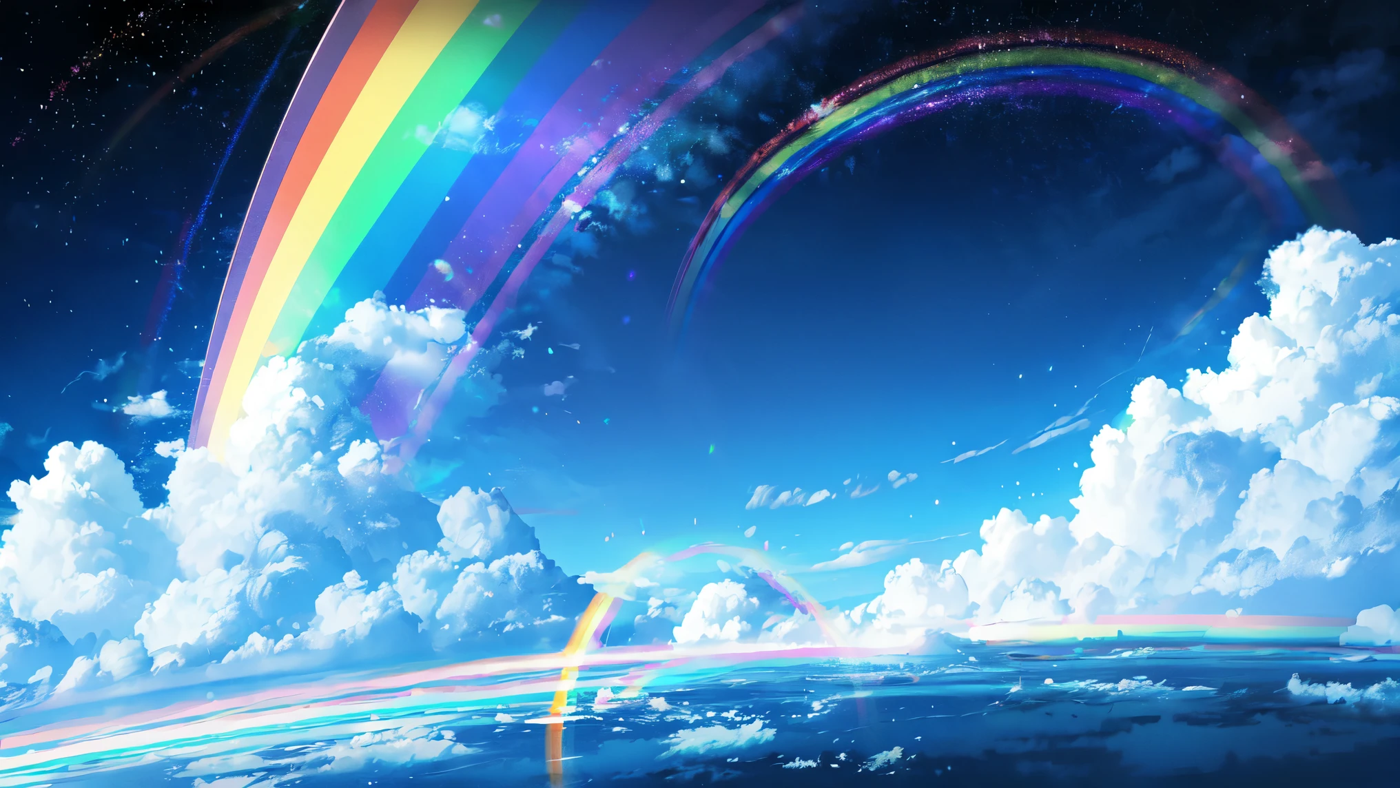 (bright), there is a rainbow in the sky with clouds and stars, ethereal rainbows, bright rainbow nimbus, ethereal rainbow nimbus, no human, rainbow bg, sunny rainbow galaxy stormy sea, rainbow in the sky, soft rainbow, very colorful heavenly, rainbow clouds, rainbow colored clouds , pastel rainbow, Glowing sky sky background, rainbow background, sky colors, Rainbow sky, rainbow, rainbow colored, background