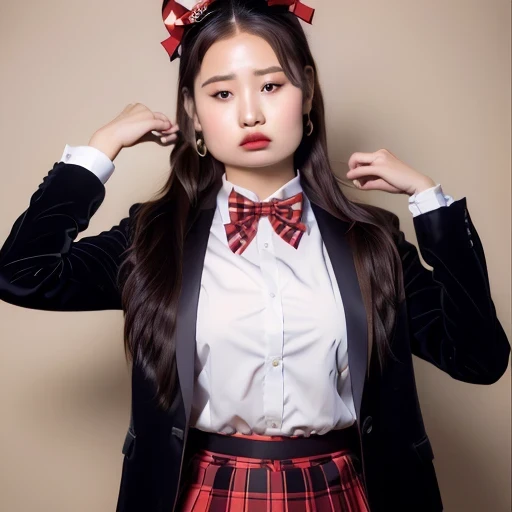 (((red bow tie, high school uniform:1.2, black jacket, open jacket, White shirt, red plaid skirt, seductive thighs))), Other details:White background:1.5, standing posture:1.2, beautiful skin, shiny skin, perfect fingers, five fingers, anatomically correct, background bokeh, 500㎜, F/4, photo