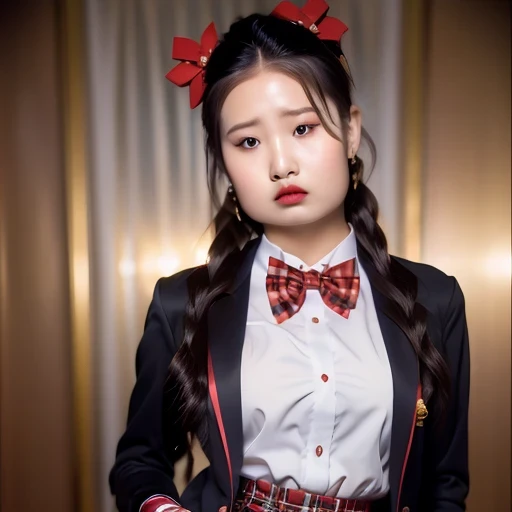 (((red bow tie, high school uniform:1.2, black jacket, open jacket, White shirt, red plaid skirt, seductive thighs))), Other details:White background:1.5, standing posture:1.2, beautiful skin, shiny skin, perfect fingers, five fingers, anatomically correct, background bokeh, 500㎜, F/4, photo