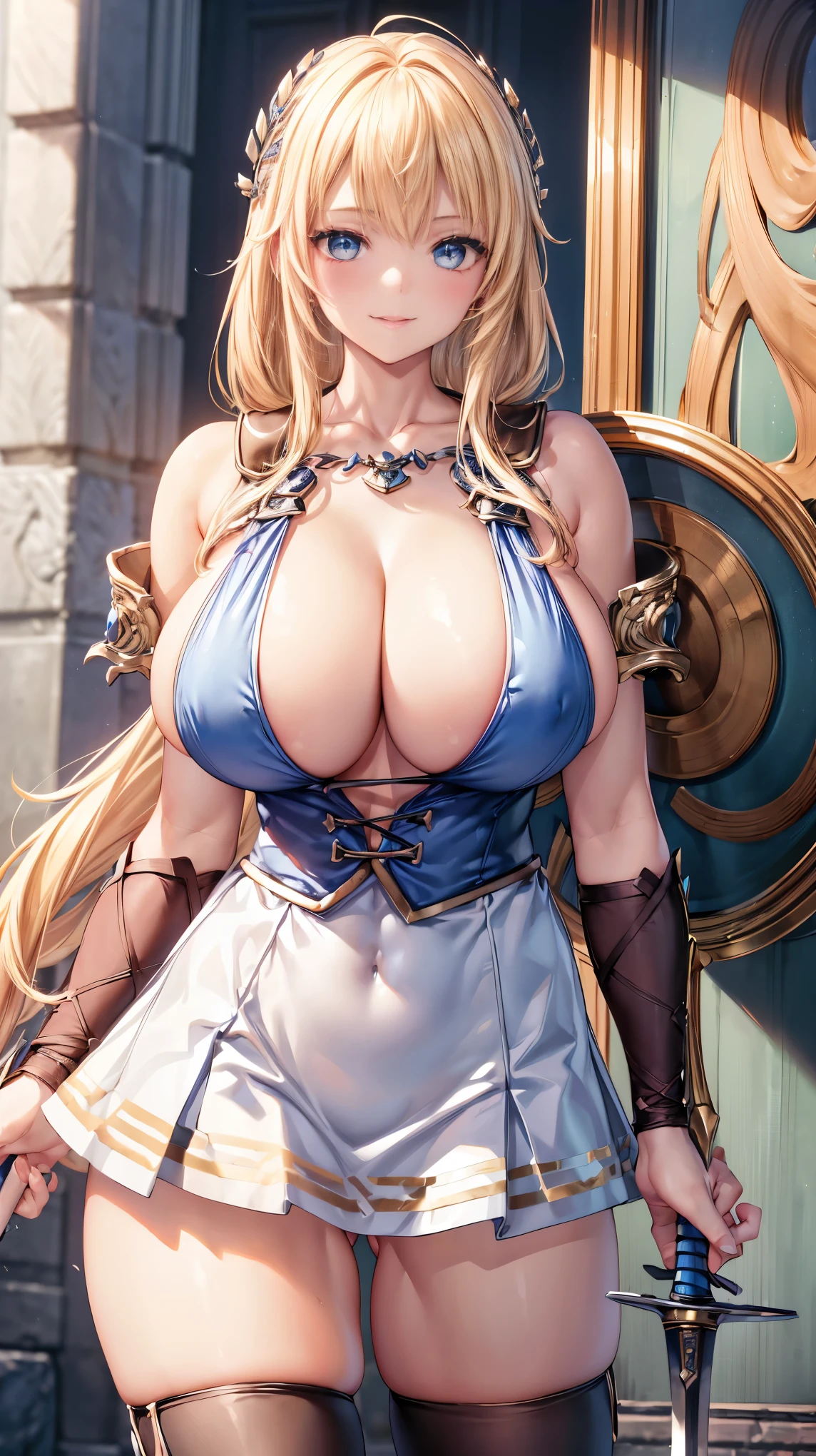 ultra-detailed、masterpiece、sensual, long blonde hair, thick thighs, 8K, 4k, highest quality, (High resolution:1.6), cute anime face, noise reduction, (shining blue eyes, gentle smile:1.5, kind eyes)、toned abdominal muscles, muscular arms, muscular legs,  young face, anime eyes, Sophitia Alexandra、(holding a sword in the right hand:1.5)、(Holds a shield on the left arm:1.5)、(SFW huge body:1.8)、knee high tights、beautiful hands、garter belt