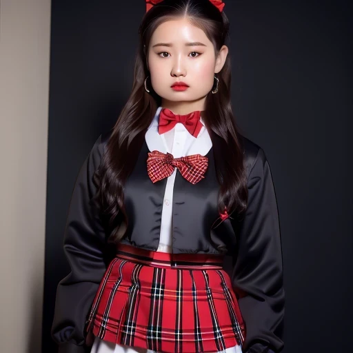 (((red bow tie, high school uniform:1.2, black jacket, open jacket, White shirt, red plaid skirt, seductive thighs))), Other details:White background:1.5, standing posture:1.2, beautiful skin, shiny skin, perfect fingers, five fingers, anatomically correct, background bokeh, 500㎜, F/4, photo