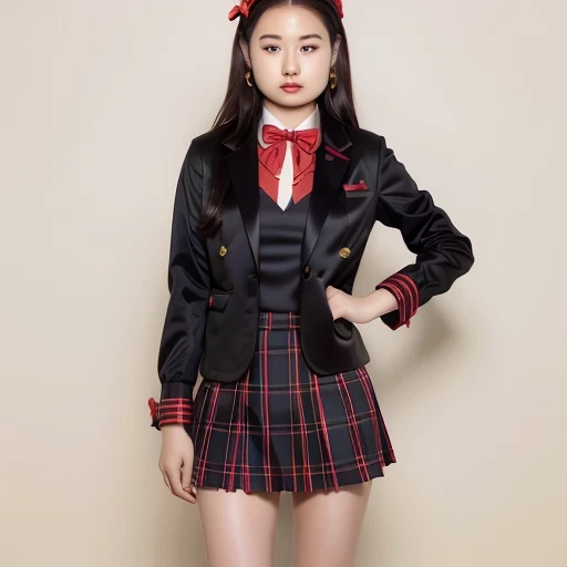  (((red bow tie, high school uniform:1.2, black jacket, open jacket, White shirt, red plaid skirt, seductive thighs))), Other details:White background:1.5, standing posture:1.2, beautiful skin, shiny skin, perfect fingers, five fingers, anatomically correct, background bokeh, 500㎜, F/4, photo