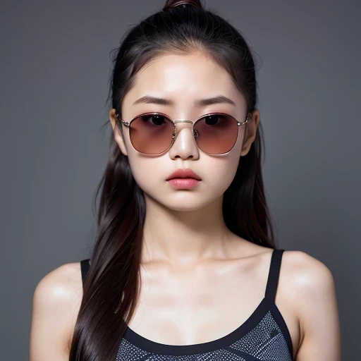 （best quality, masterpiece：1.2）, ID photo of a -yeld Chse girl, sportswear, camisole，Pure cotton，gray background, Surrealism, ultra high definition, textured skin, high detail，facing the camera, 8K crocodile skeleton（（（platinum marble sunglasses）））