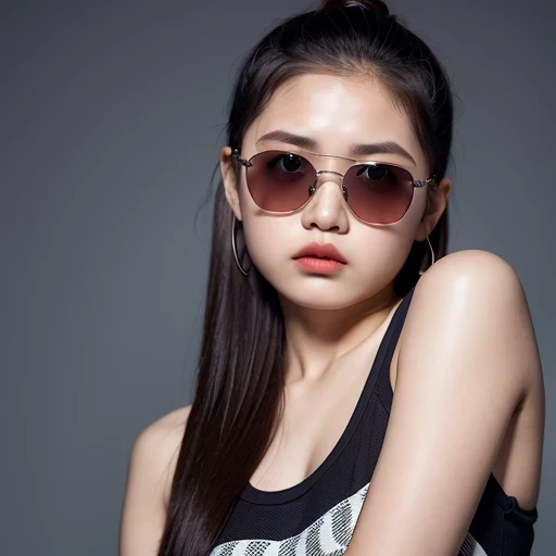(best quality, masterpiece:1.2), ID photo of a 13-year-old Chinese girl, sportswear, camisole,Pure cotton,gray background, Surrealism, ultra high definition, textured skin, high detail,facing the camera, 8K crocodile skeleton(((platinum marble sunglasses)))