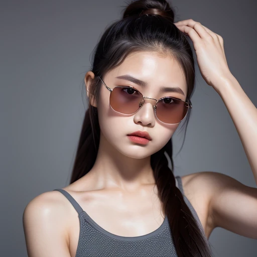 （best quality, masterpiece：1.2）, ID photo of a 13-year-old Chinese girl, sportswear, camisole，Pure cotton，gray background, Surrealism, ultra high definition, textured skin, high detail，facing the camera, 8K crocodile skeleton（（（platinum marble sunglasses）））