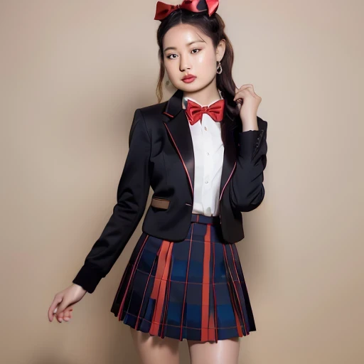(((red bow tie, high school uniform:1.2, black jacket, open jacket, White shirt, red plaid skirt, seductive thighs))), Other details:White background:1.5, standing posture:1.2, beautiful skin, shiny skin, perfect fingers, five fingers, anatomically correct, background bokeh, 500㎜, F/4, photo