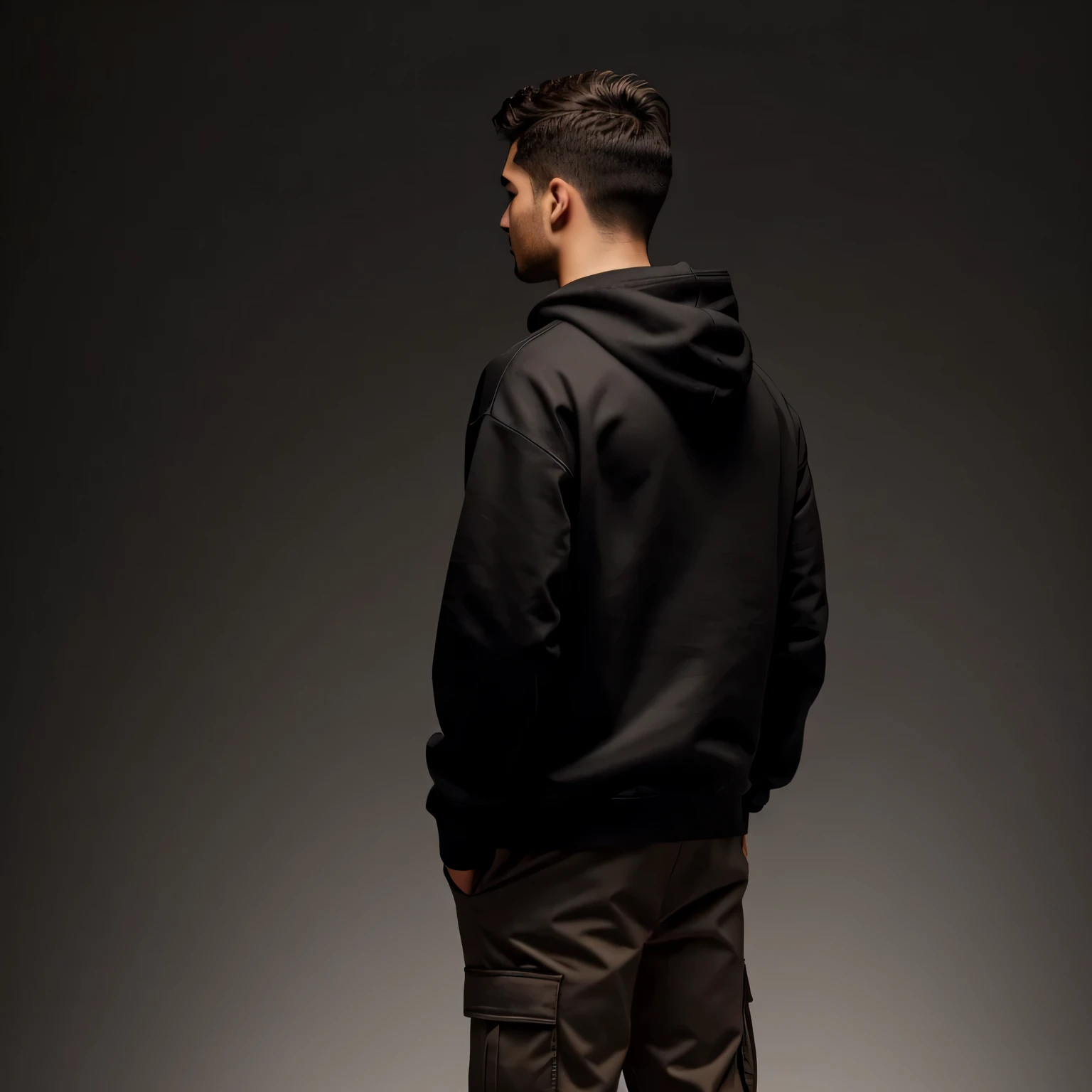 sweat à capuche noir, cheveux courts, back view, homme, noir et blanc, pantalon cargo ample beige, fond sombre, marcher, Tout le corps, Sculpture, regardant au loin, Realistic, Prise de photos, high quality