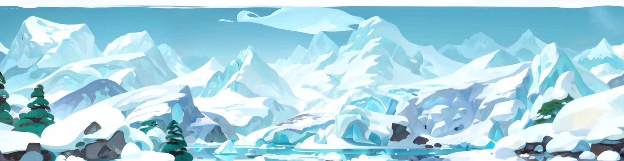 cartoon scene of a snowy mountain with a lake and a frozen forest, icey tundra background, icy mountains, ice mountains in the background, icy mountains in the background, pillars of ice background, ice mountains afar, theme :'icewind dale ', icy landscape, brittney lee, with a snowy mountain and ice, mountains made out of icebergs, snowy plains