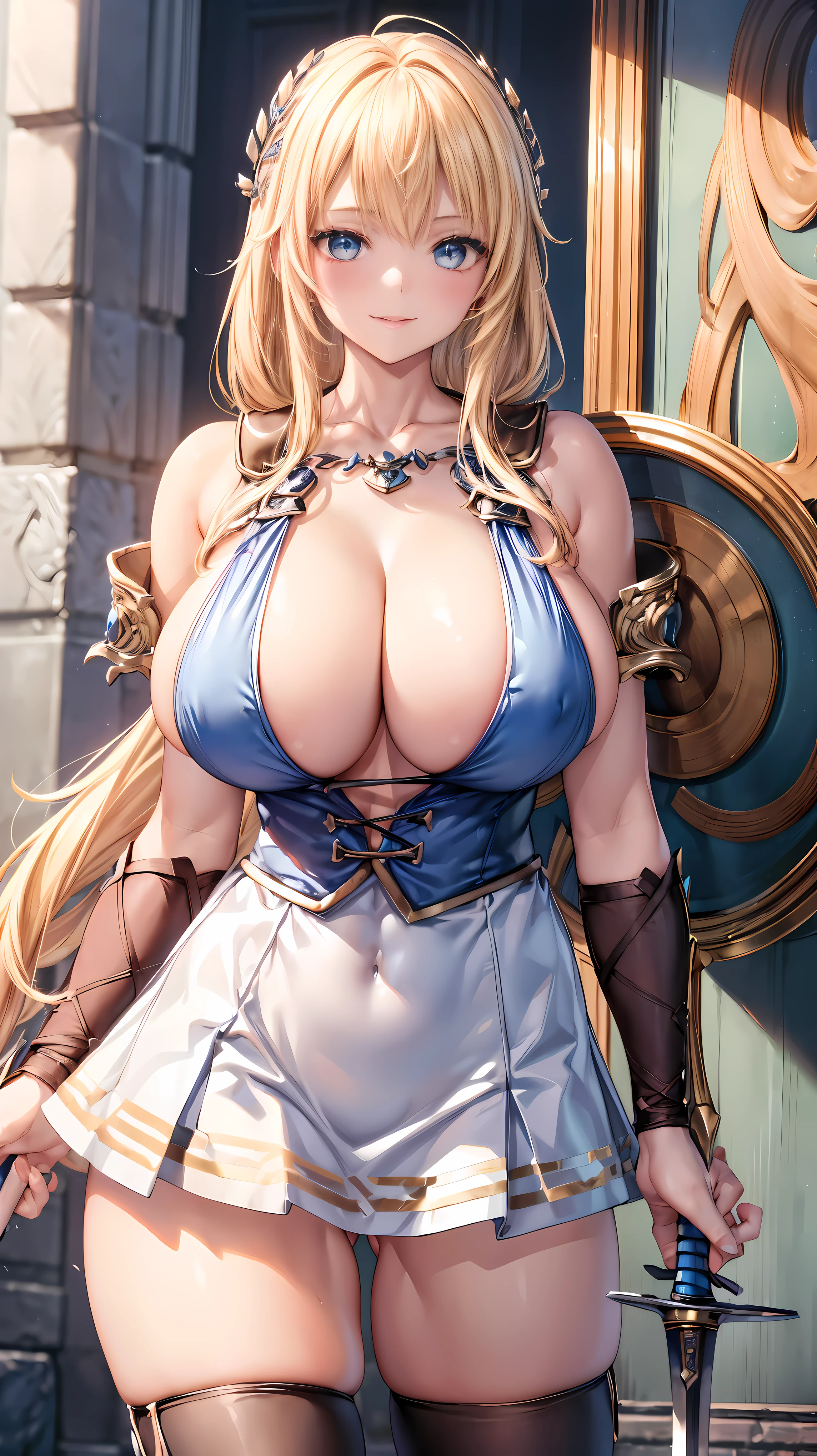 Super detailed、masterpiece、sensual, long blonde hair, thick thighs, 8K, 4k, highest quality, (High resolution:1.6), cute anime face, noise reduction, (shining blue eyes, gentle smile:1.5, kind eyes)、toned abdominal muscles, muscular arms, muscular legs,  young face, anime eyes, Sophitia Alexandra、(holding a sword in the right hand:1.5)、(Equipped with a shield on the left arm:1.5)、(SFW huge body:1.8)、knee high tights、beautiful hands、garter belt