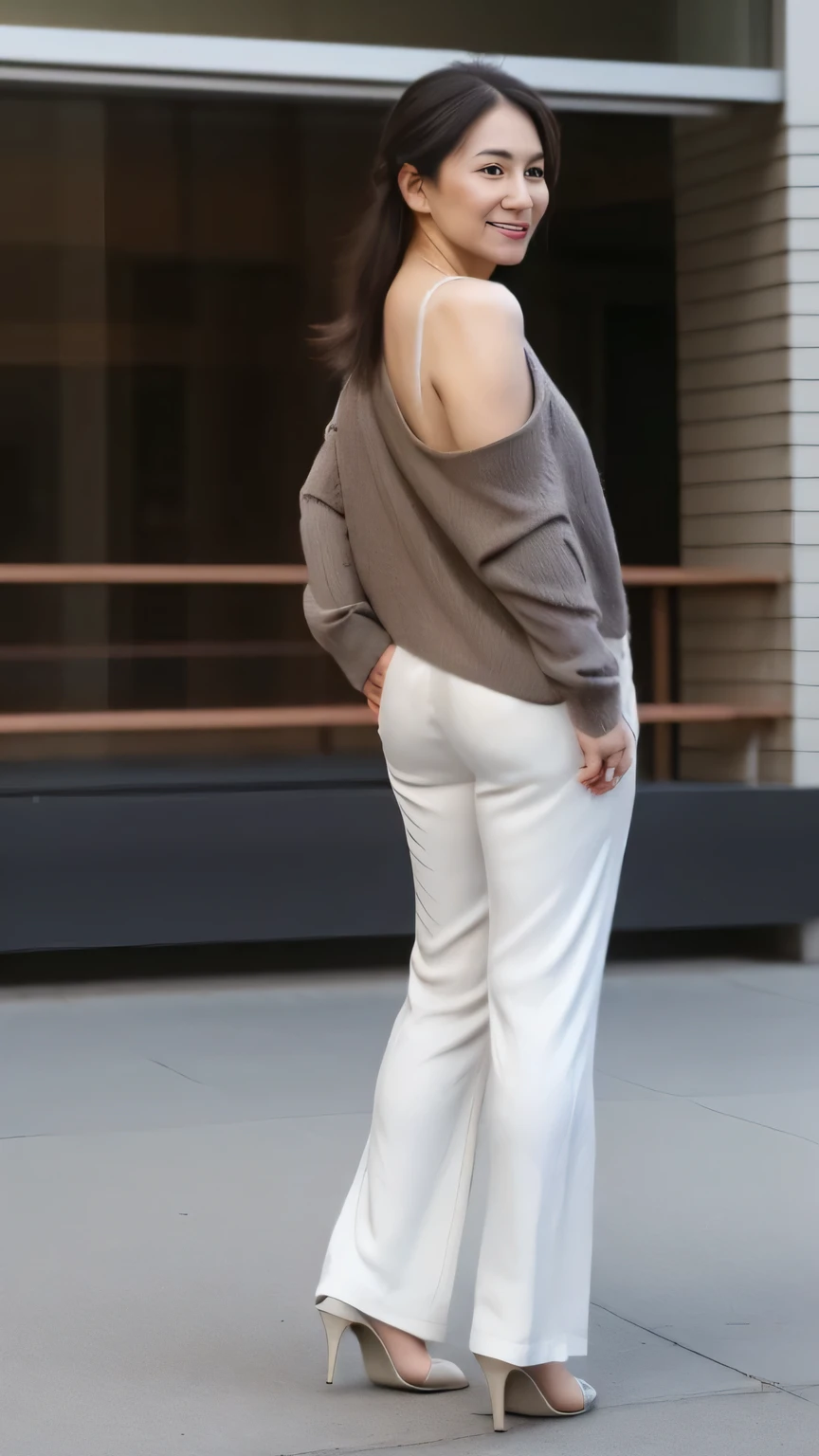 NSFW, ((highest quality)), ((8K)), ((masterpiece:1.3)), (perfect look), ((woman looking back)), sidewalk in office district, walk in the crowd, one japanese woman, 47 years old, married woman, Wedding ring on the left ring finger, facial wrinkles:1.2, wrinkles around the eyes:0.8, tear bags around the eyes, double eyelid, light knit short sleeve sweater, Shoulder bag, Wide pants that are tight around the waist, long hair, (ウェーブしたlong hair), (Unbunched hair), Rear view:1.6), (Turn around with only your upper body), (look back strongly:1.6), (Due to centrifugal force, Spreading silky hair that reaches down to the waist.:1.2), raise the corners of your mouth and smile, (Accentuated hip line:1.4), high heels, ((whole body:1.5)), Angle looking up at a woman diagonally from below:1.2,