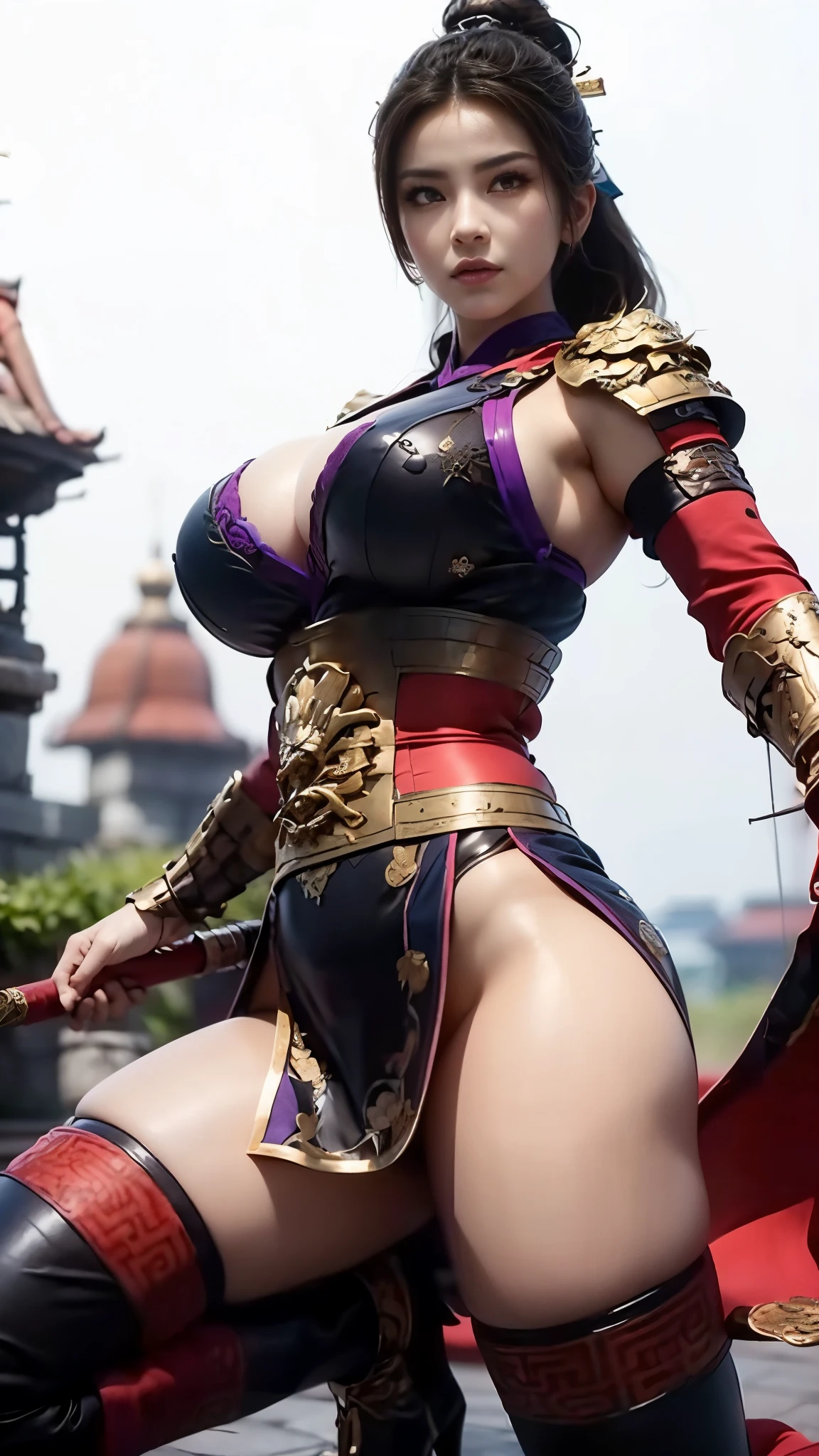 shuiyunji（Close-up of a woman in a red dress holding two swords）, Black fire reflective armor, Sharp silver armor and purple skin, from Descent 2, Black and red reflective armor, Lineage 2 style, Purple skin under the armor, female assassin, female rouge killer, warrior outfit, full body xianxia, Full body martial arts，high boots，black stockings，((8k+ultra high resolution+ultra high definition+masterpiece+detailed)),(perfect face+slim body+Delicate skin+high ponytail+huge breasts),[[[muscle]]],(((Anatomically correct))) ,