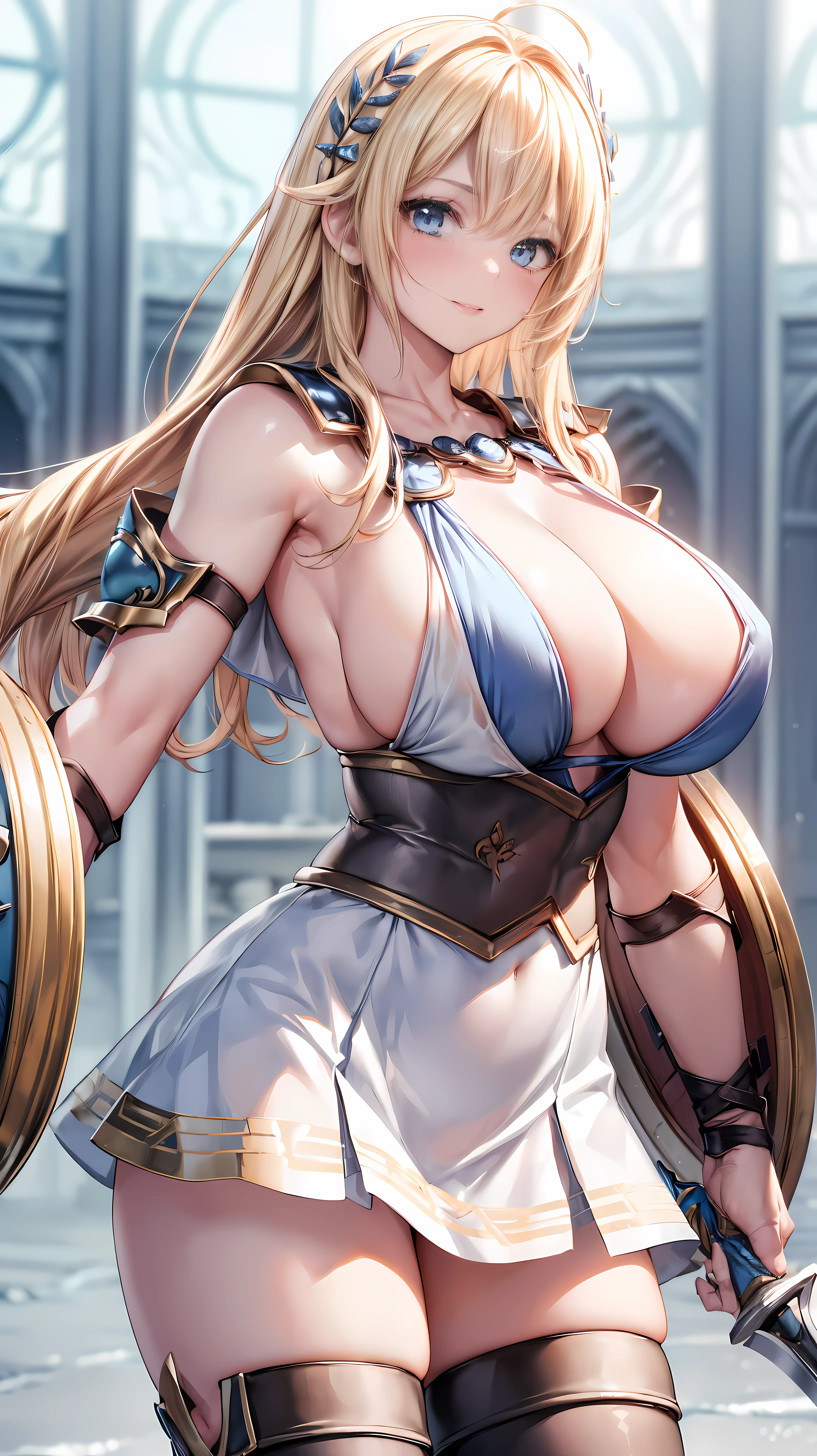 Super detailed、masterpiece、sensual, long blonde hair, thick thighs, 8K, 4k, highest quality, (High resolution:1.6), cute anime face, noise reduction, (shining blue eyes, gentle smile:1.5, kind eyes)、toned abdominal muscles, muscular arms, muscular legs,  young face, anime eyes, Sophitia Alexandra、(holding a sword in the right hand:1.5)、(Equipped with a shield on the left arm:1.5)、(SFW huge body:1.8)、knee high tights、beautiful hands、garter belt