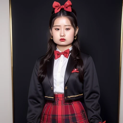  (((red bow tie, high school uniform:1.2, black jacket, open jacket, White shirt, red plaid skirt, seductive thighs))), Other details:White background:1.5, standing posture:1.2, beautiful skin, shiny skin, perfect fingers, five fingers, anatomically correct, background bokeh, 500㎜, F/4, photo