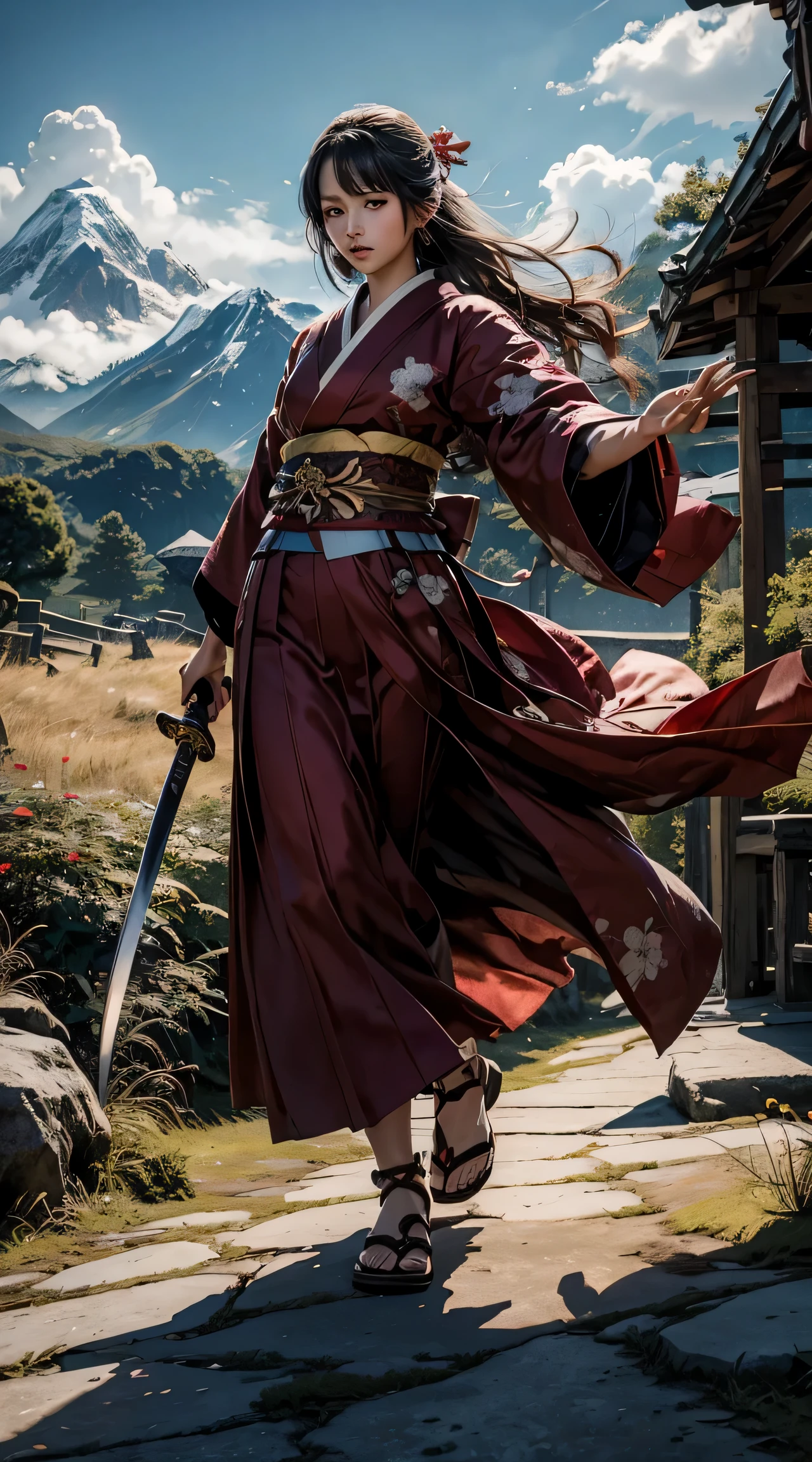 （female swordsman、Hold the sword、food for me、日本warrior刀）（Masterpiece 1.4, best quality 1.4）,1 girl in,  Delicate skin、Delicate and beautiful face 1.4、bow, long hair, A black-haired one , hair blowing in the wind、White and red kimono、 Blood stained kimono、sandals、official art, good composition, official gesture, detailed portrait,Clouds and mountains background, warrior, High resolution, Dramatic lights and shadows, snow scene、In a wooded forest