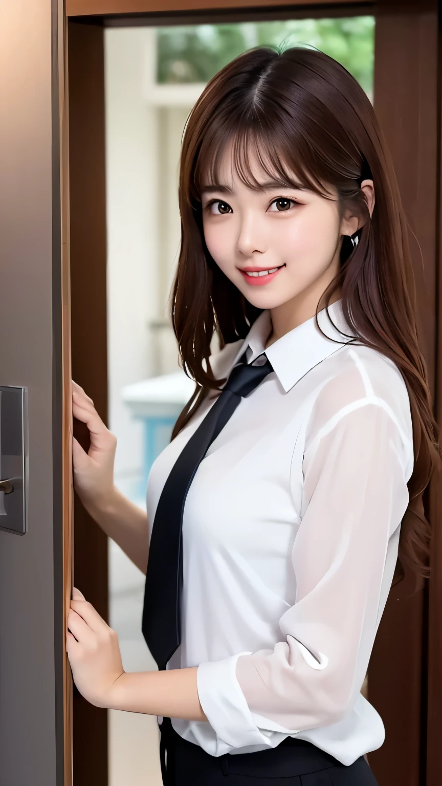 masterpiece, highest quality, Super detailed, shape, stunning lighting, cinematic composition, isometric, 1 girl, alone, cute, brown eyes, black hair, flowing bangs, single side lock, red hair clip, white collared shirt, black tie, black pants, formal, captivating gaze, seductive pose, indoors, office, door, opening door, looking at the viewer, show one&#39;Upper body, blush, enchanting smile, closed mouth,(8K:1.1),