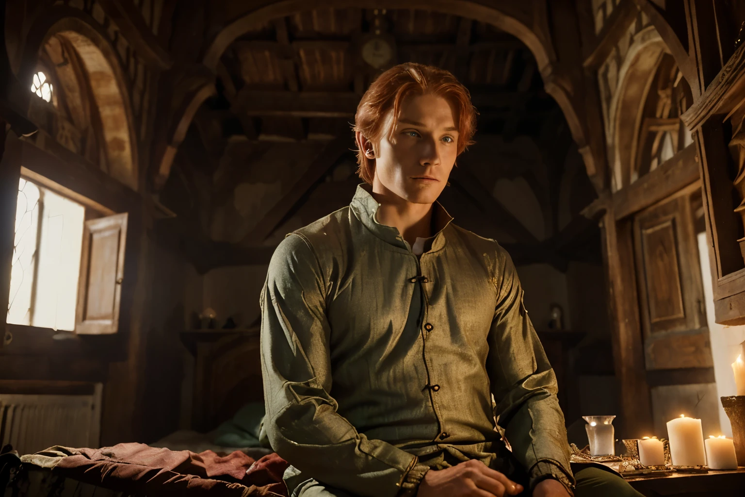 Florence, 1348. ((((32-year-old)) Merthin Fitzgerald)), handsome, athletic, sitting in his italian mansion, luminous bedroom, ((grief expression)). ((((clothings from the 1340s)))), ((redhead hairstyle of the 1340s))