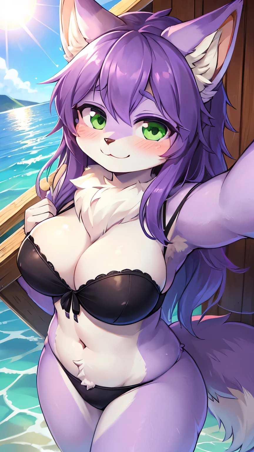 (fluffy anthro furry :1.6),cat girl,purple long hair,wavy hair,green eyes,glistering eyes,medium breasts,purple fur,purple cat ears,cat tail,black biniki,cleavage,sunbeam,blue sky,legs in sea,very hot,looking at viewer,full face blush,desire face,smile,heart eyes,heart expression eyes,selfie