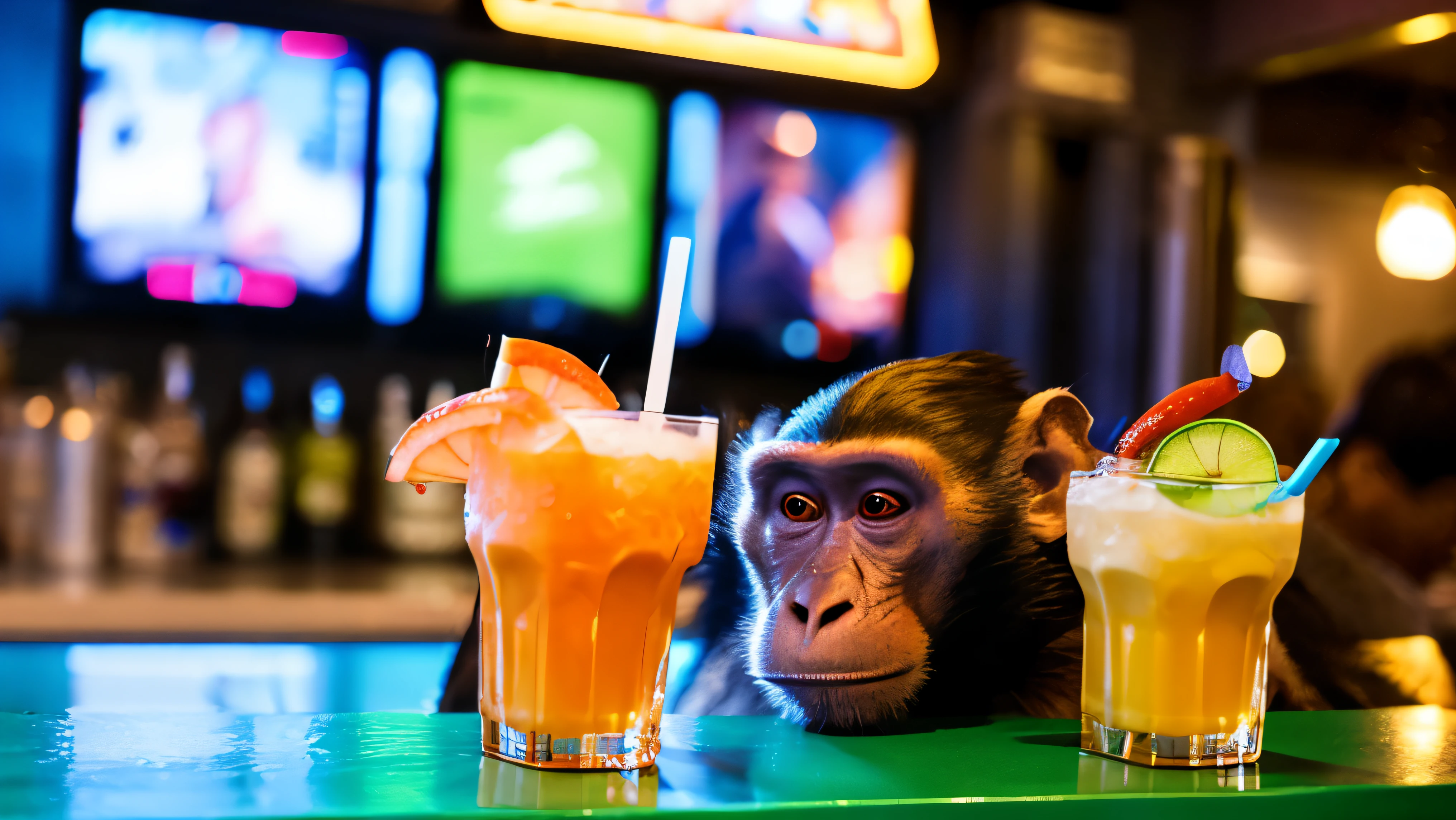Monkey drinks at the bar
