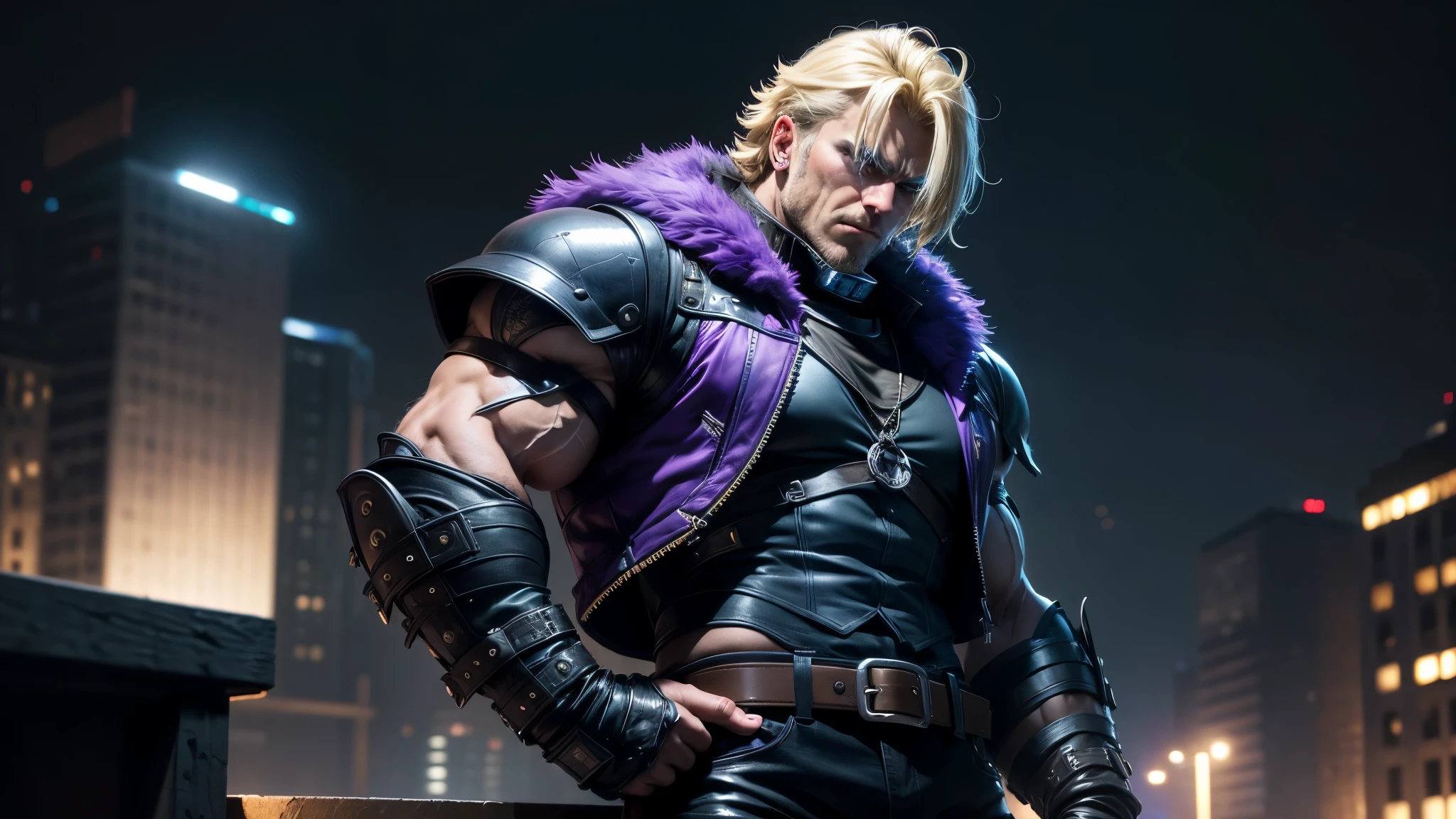 good quality, ultra high resolution,masterpiece, 8K,(reality,detail)dark night sky,Urban rooftops,One wearing a blue vest,Fur collar,blonde,He had bandages around his arms,Purple Leather Pants,The expression is fierce,burly bully,whole body effect((from head to foot))
