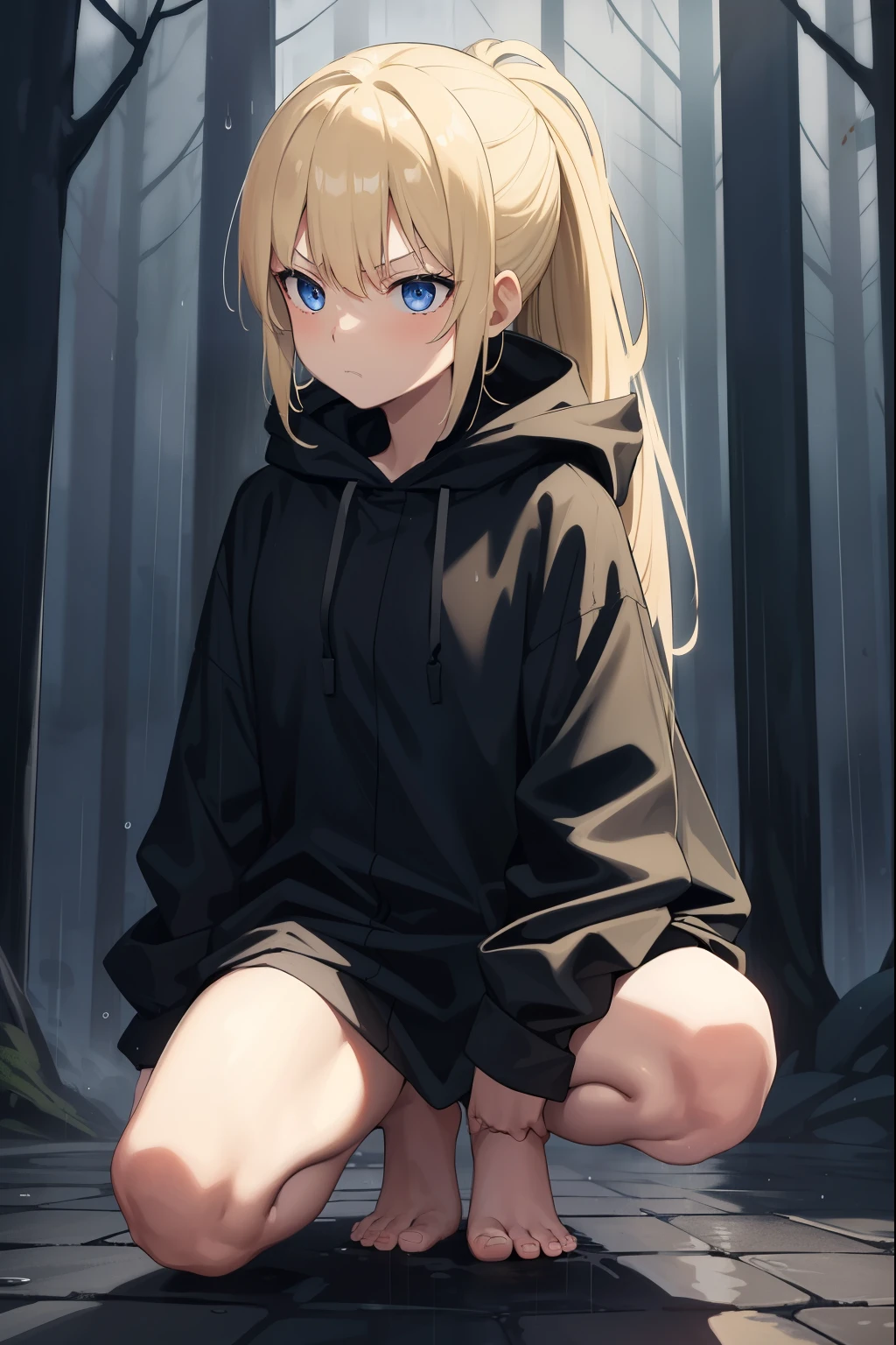 forest,night,rain,1 girl,blonde,ponytail,put on a hood,long black raincoat,blue eyes,serious face,dark face,rainに濡れている女の子,barefoot,put one knee on the ground,