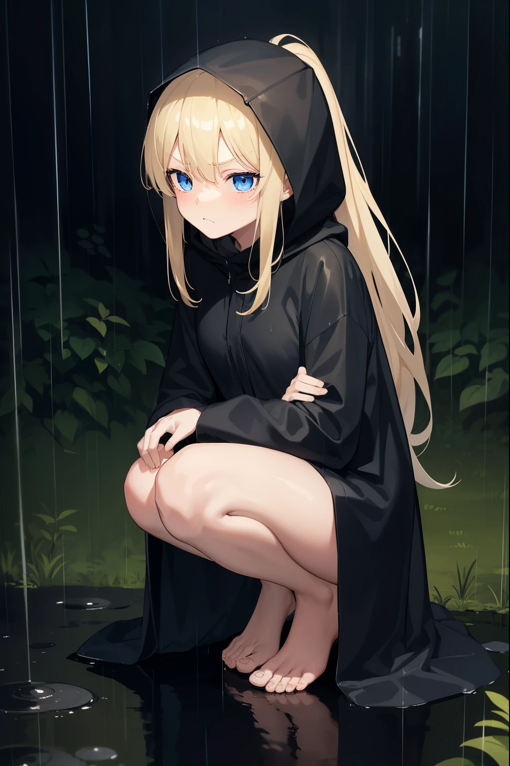 forest,night,rain,1 girl,blonde,ponytail,put on a hood,long black raincoat,blue eyes,serious face,dark face,rainに濡れている女の子,barefoot,put one knee on the ground,