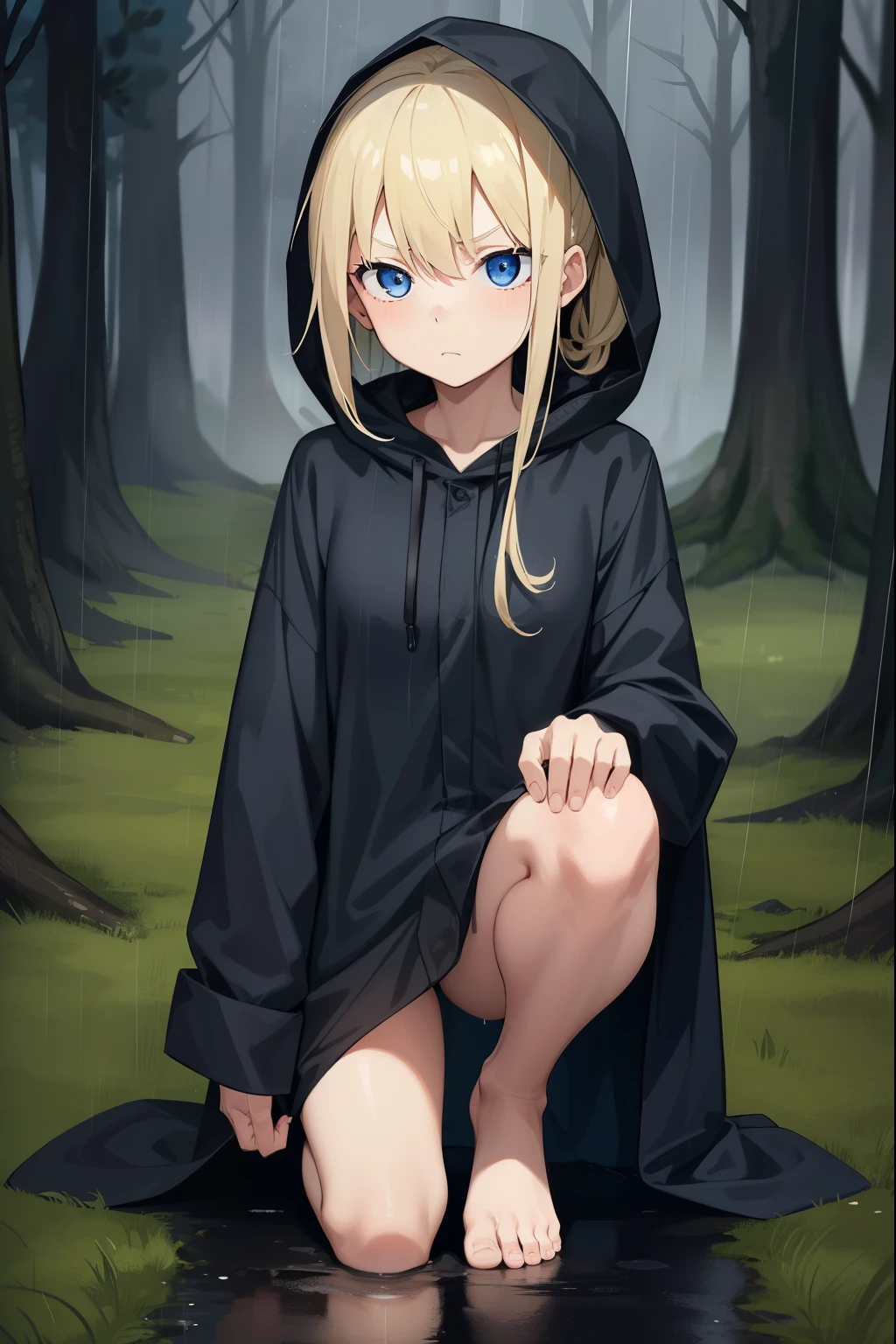 forest,night,rain,1 girl,blonde,ponytail,put on a hood,long black raincoat,blue eyes,serious face,dark face,rainに濡れている女の子,barefoot,put one knee on the ground,