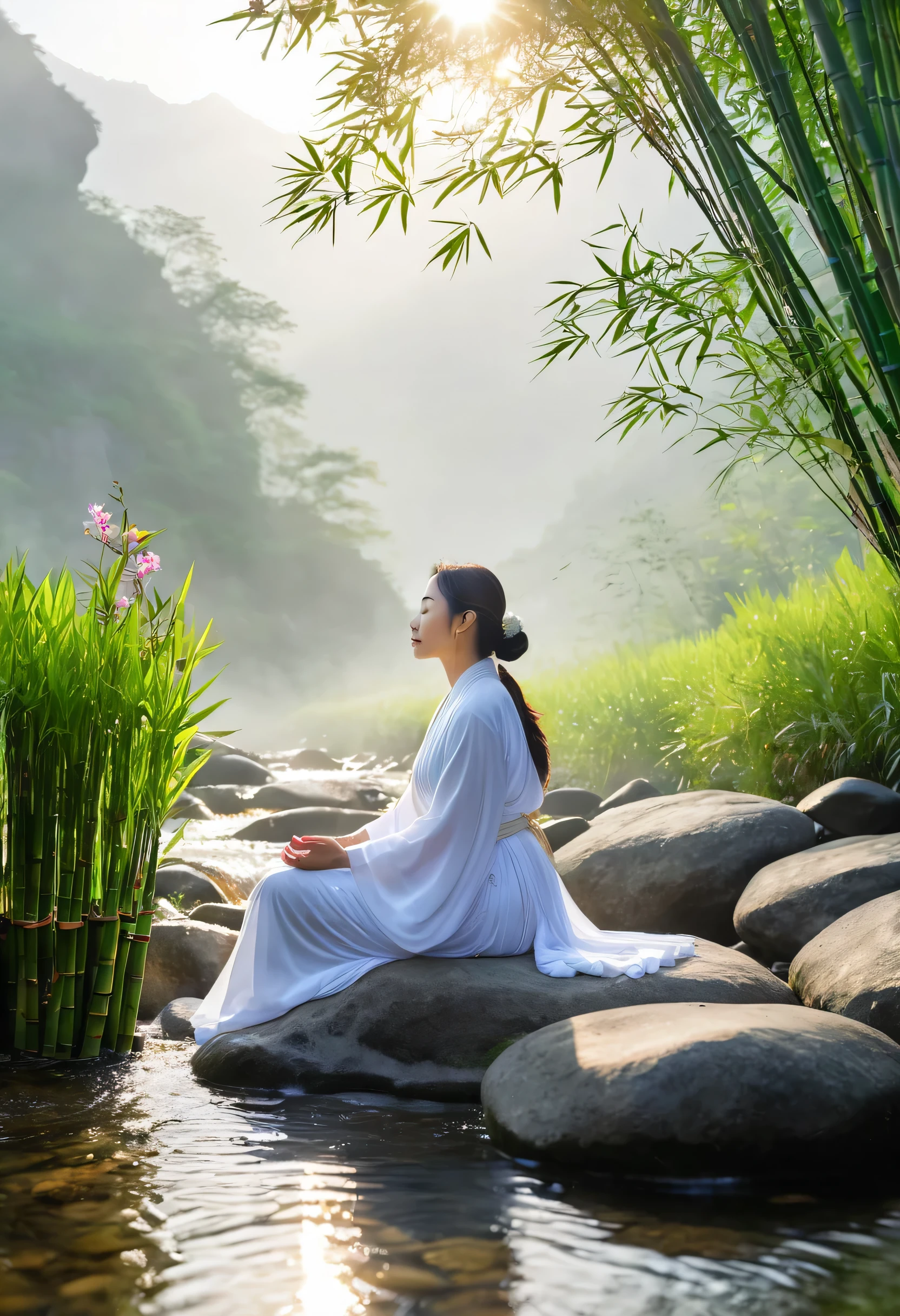 1 female,meditation,White gown,Sitting on a big rock in the middle of the stream,mountains in the distance,The foreground is a tree,Bamboo and flower plants by the stream,calm,morning sunshine,it'it's foggy,