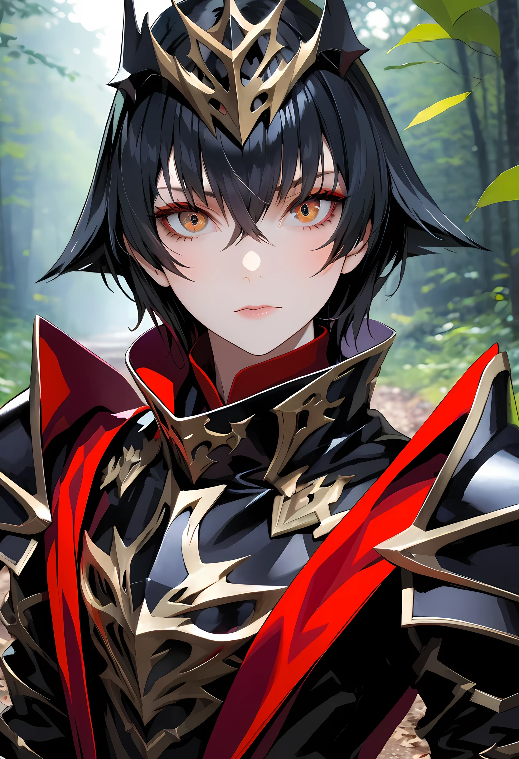 Seraphim Sacula, perfect eyes, (surreal:1.5), (standing in the forest:1.2), (close-up photo:1.5), (Black Paladin Armor:1.2), (complicated:1.2), (looking at camera:1.2), (best quality:1.2),