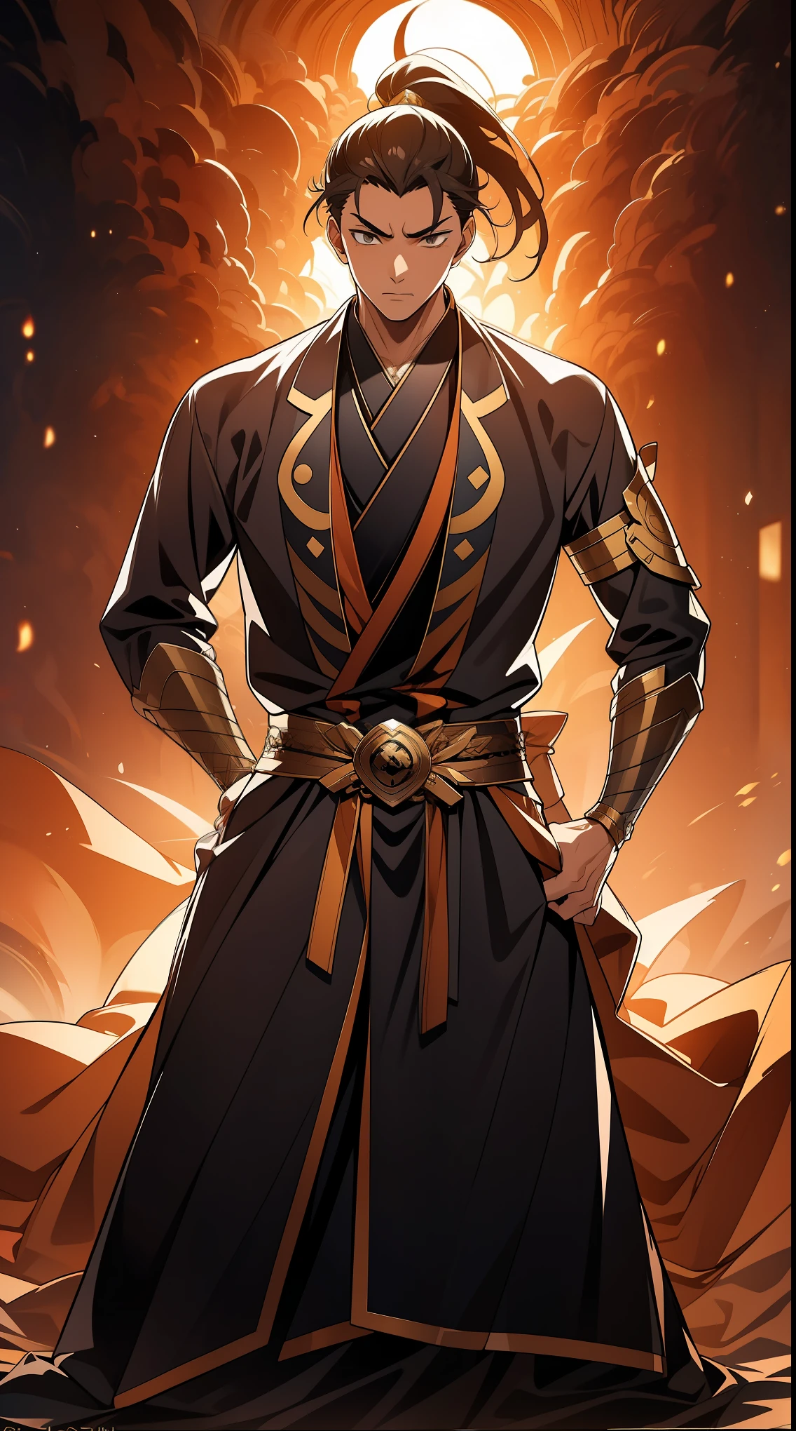 two-dimensional,anime style,one person(male warrior),Correct proportions,facial details,swordsman,High ponytail hairstyle,neck details,There is an Adam'apple,black and gold robe,joke,black and gold robe,clothing details,transfer,long sleeve,Game quality,fencing,Ray tracing,Ray tracing,Delicate glow,CG rendering,Hair details,long black and blonde hair,Black-gold eyes,Handsome,Handsome,(feeling of youth),Costumes are complicated,perfect composition,refine,high quality,More details,complex background,a sense of atmosphere,