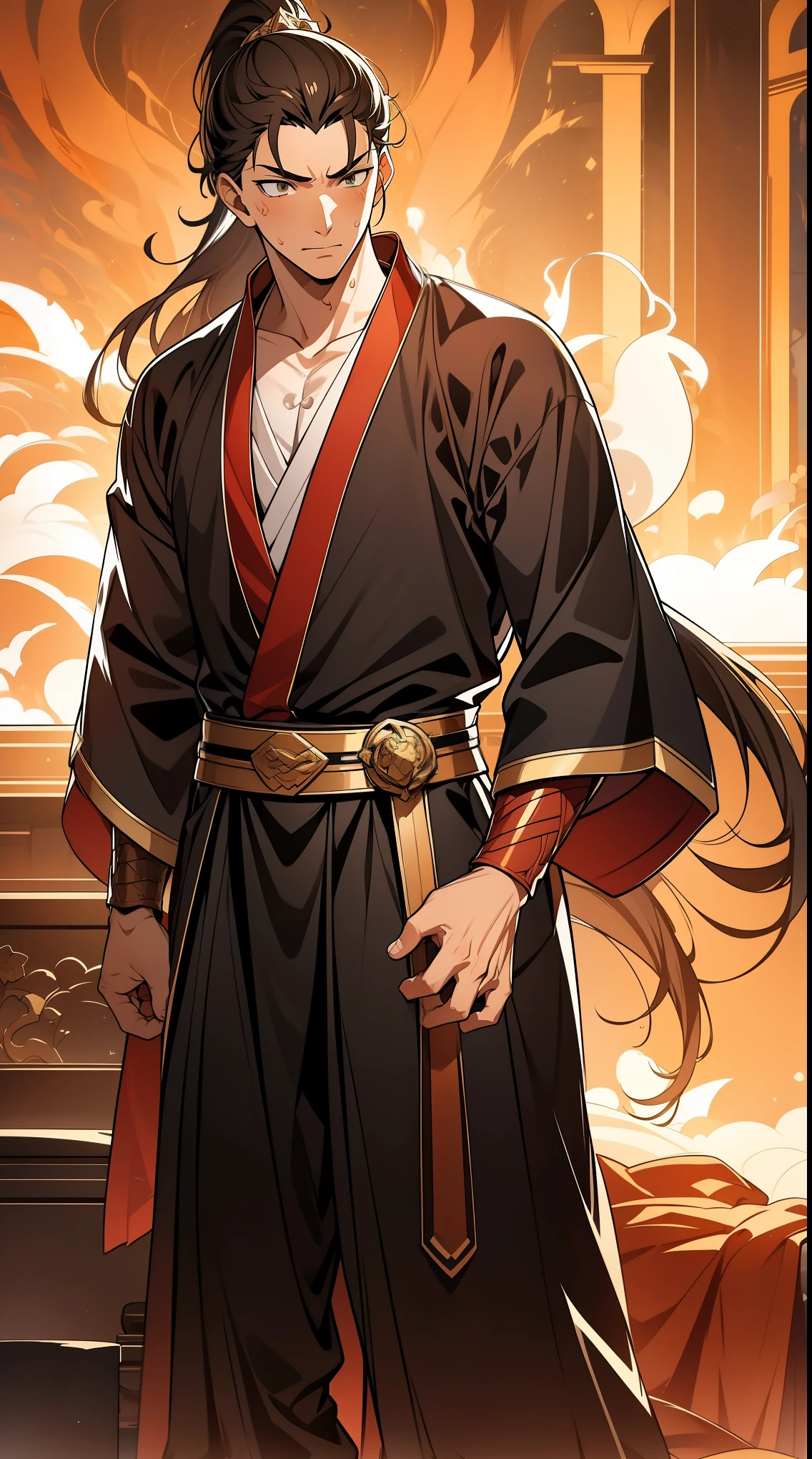 two-dimensional,anime style,one person(male warrior),Correct proportions,facial details,swordsman,High ponytail hairstyle,neck details,There is an Adam'apple,black and gold robe,joke,black and gold robe,clothing details,transfer,long sleeve,Game quality,fencing,Ray tracing,Ray tracing,Delicate glow,CG rendering,Hair details,long black and blonde hair,Black-gold eyes,Handsome,Handsome,(feeling of youth),Costumes are complicated,perfect composition,refine,high quality,More details,complex background,a sense of atmosphere,