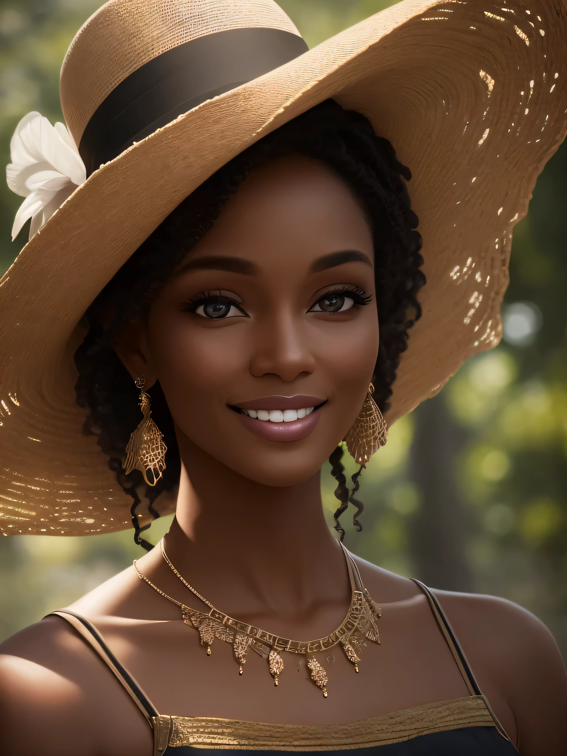 there is a woman wearing a white hat and a white dress, a pastel by Marie Angel, instagram, rococo, soft devil queen madison beer, wearing white silk hood, curly bangs, she has olive brown skin, tessa thompson inspired, brown skin. light makeup, ☁🌪🌙👩🏾, her face framed with curls, with brown skin, cute complexion