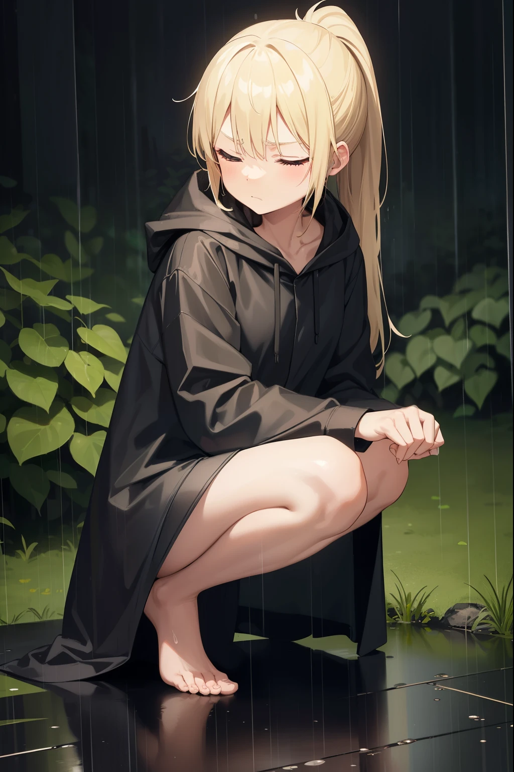forest,night,rain,1 girl,blonde,ponytail,put on a hood,long black raincoat,serious face,dark face,rainに濡れている女の子,barefoot,put one knee on the ground,Close ~ eyes