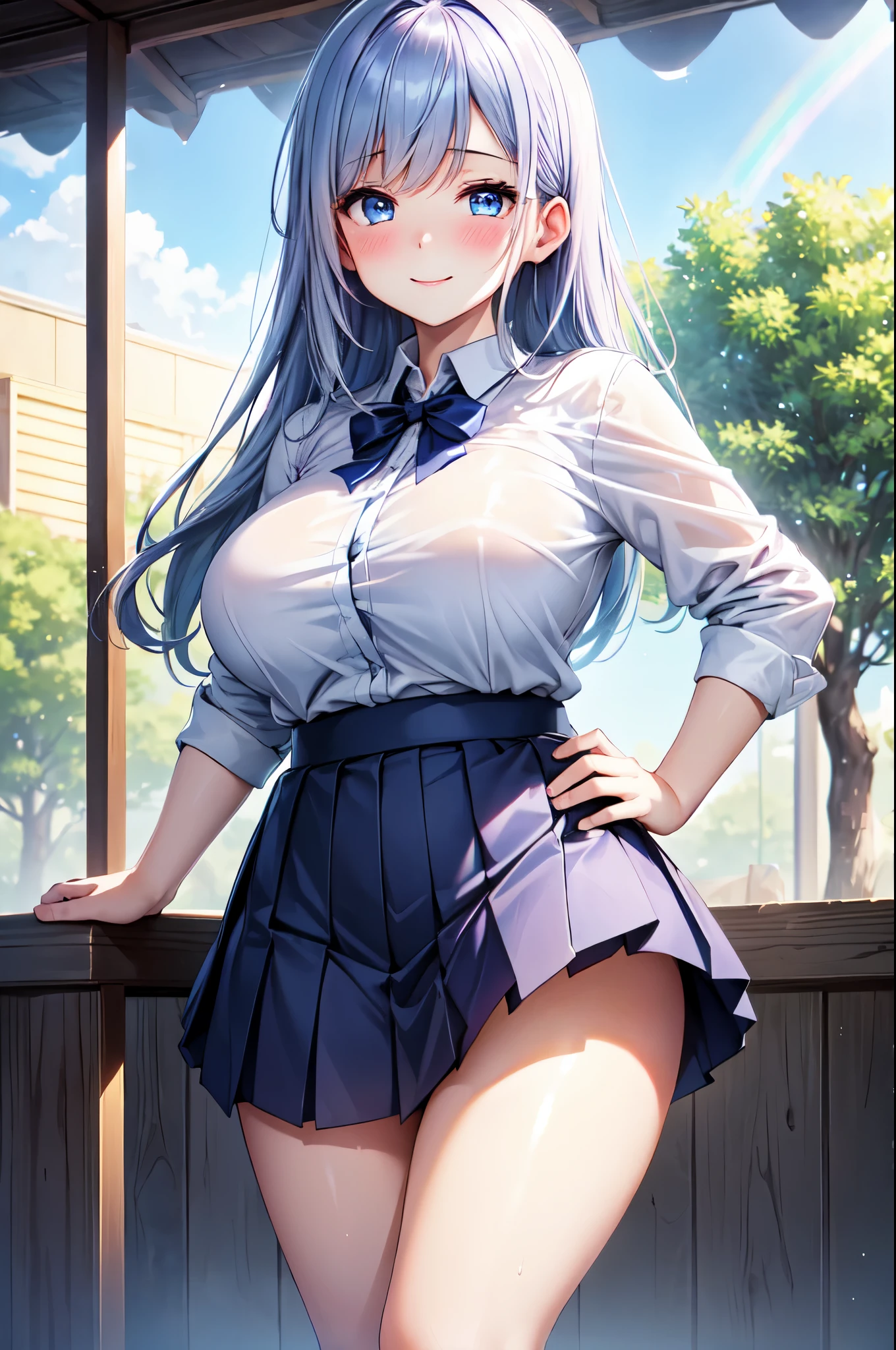 (High quality, High resolution, Fine details), (evening shower), (Rays of light from a hazy sky), (Rainbow in the distance), BREAK Underwear showing through a white blouse, BREAK Navy blue pleated skirt, solo, curvy women, sparkling eyes, (Detailed eyes:1.2), smile, blush, Sweat, Oily skin, Pastel tones, shallow depth of field
