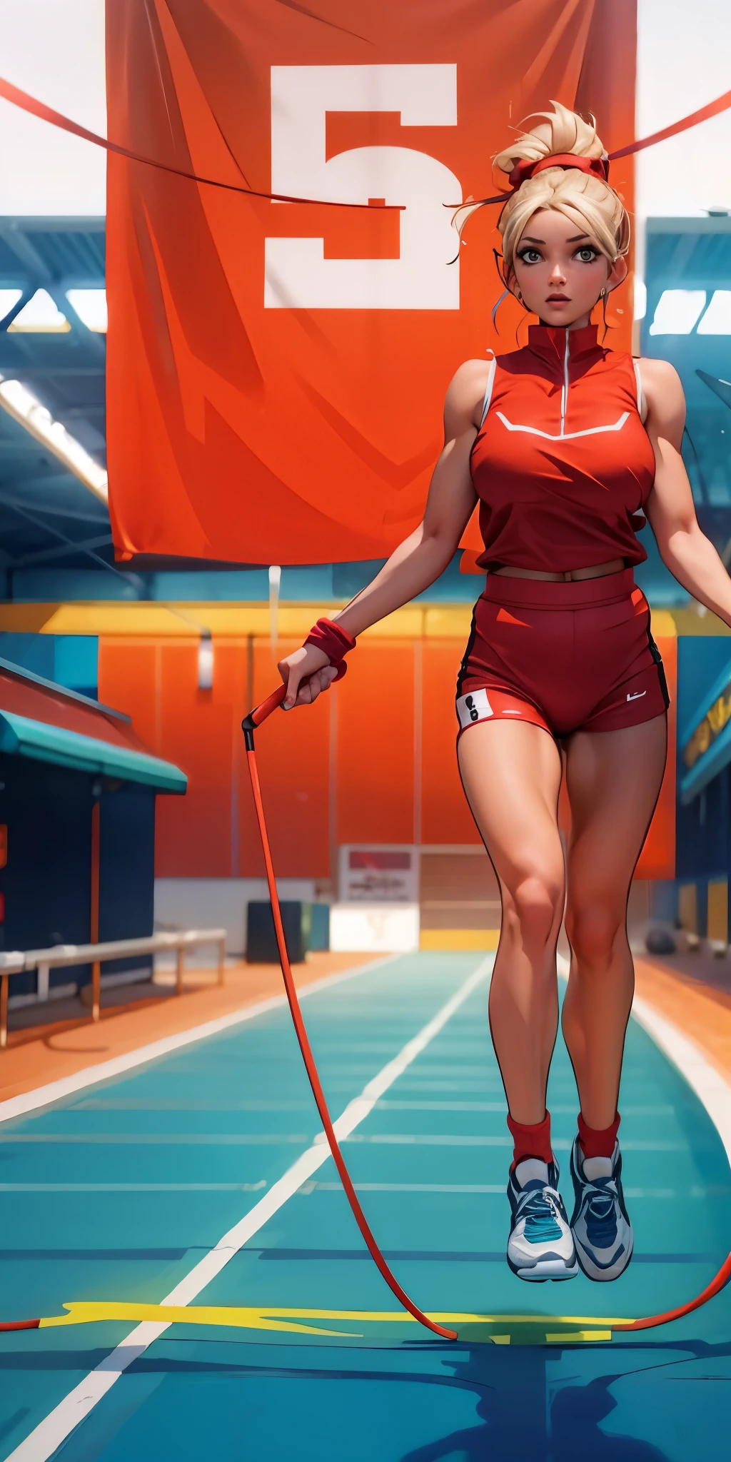 arafed woman jumping with a jump rope on a track, shutterstock, athletic muscle tone, girl running, 555400831, sprinting, girl is running, wearing track and field suit, athletic body, fit woman, fitness, sports clothing, full-body, full - body, aleksandra waliszewska