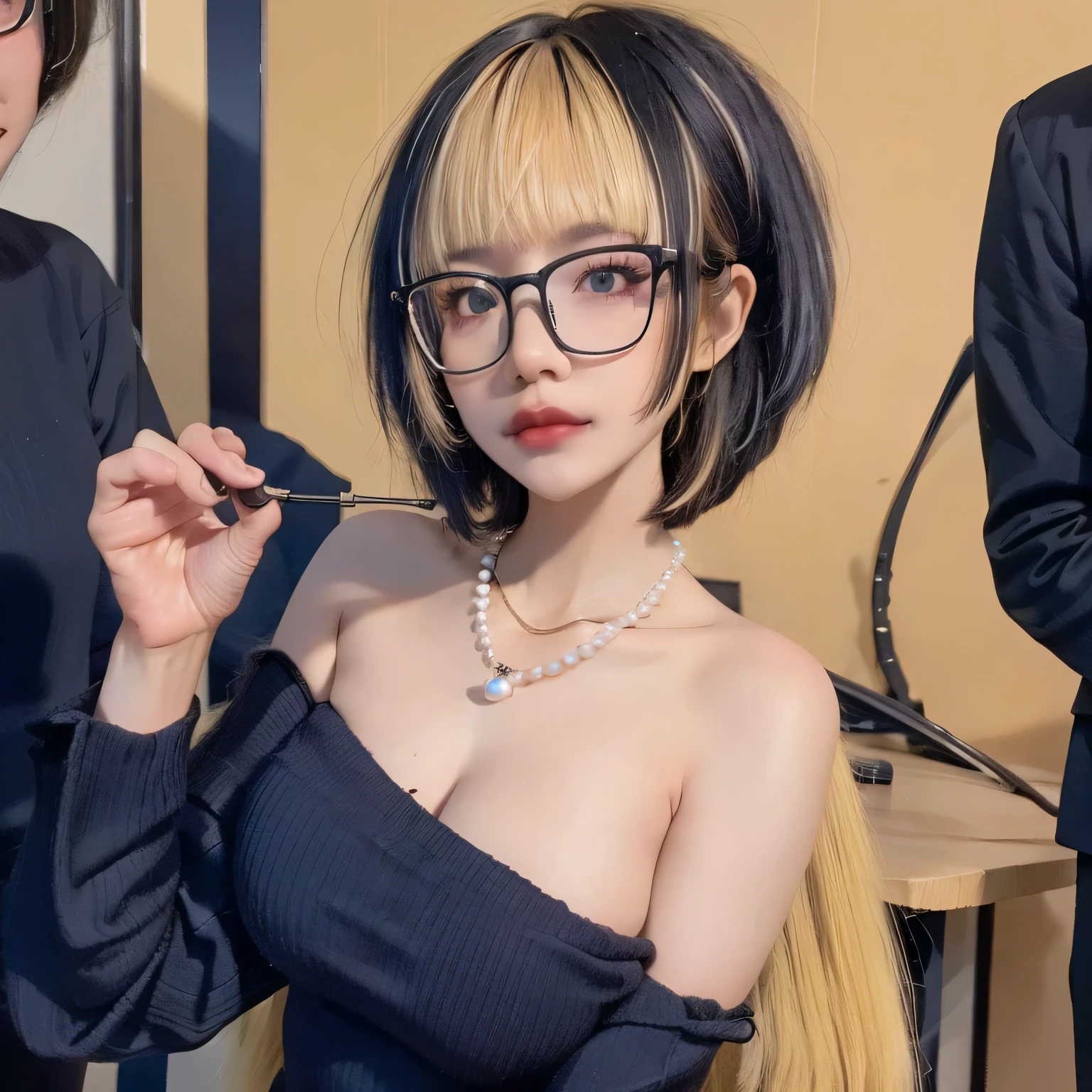 Fubuki\,1 woman,chest,Fubuki \(One Punch Man\),decorate,alone,necklace,rift,fur coat,set,pearl necklace,short hair highlights,Golden blonde hair highlights,((smooth)),black eyes,glasses,กรอบแว่นblack eyes,smooth,lip makeup,lips,lipstick,coat,blunt smooth,black set,long-sleeved shirt,jacket,best quality,short light bulb,black shooting bag,best quality,Masterpiece,illustration,Very delicate and beautiful,CG,unity,8K wallpaper,miracle,exquisite details,Masterpiece,official art,very detailed CG unity 8K wallpaper,Incredibly nonsense..,Big file size,very detailed,height,very detailed,,realistic,,stand straight