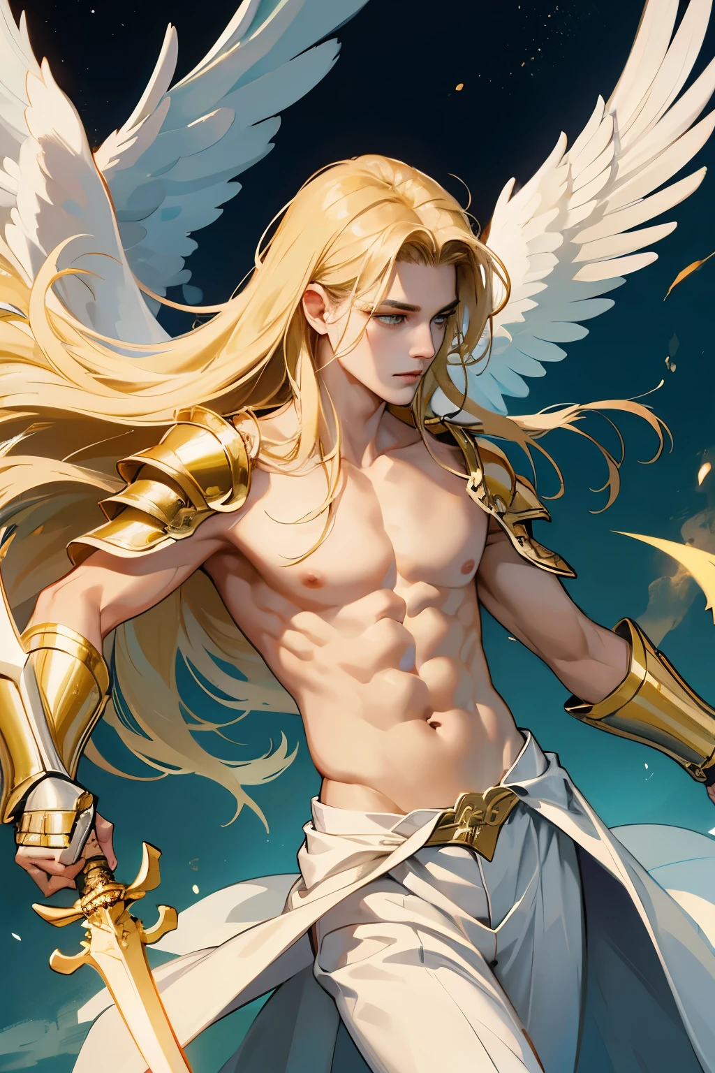 highest quality、male、golden long hair、Topless、Angel、大きなAngelの羽、Light、have a sword、armor